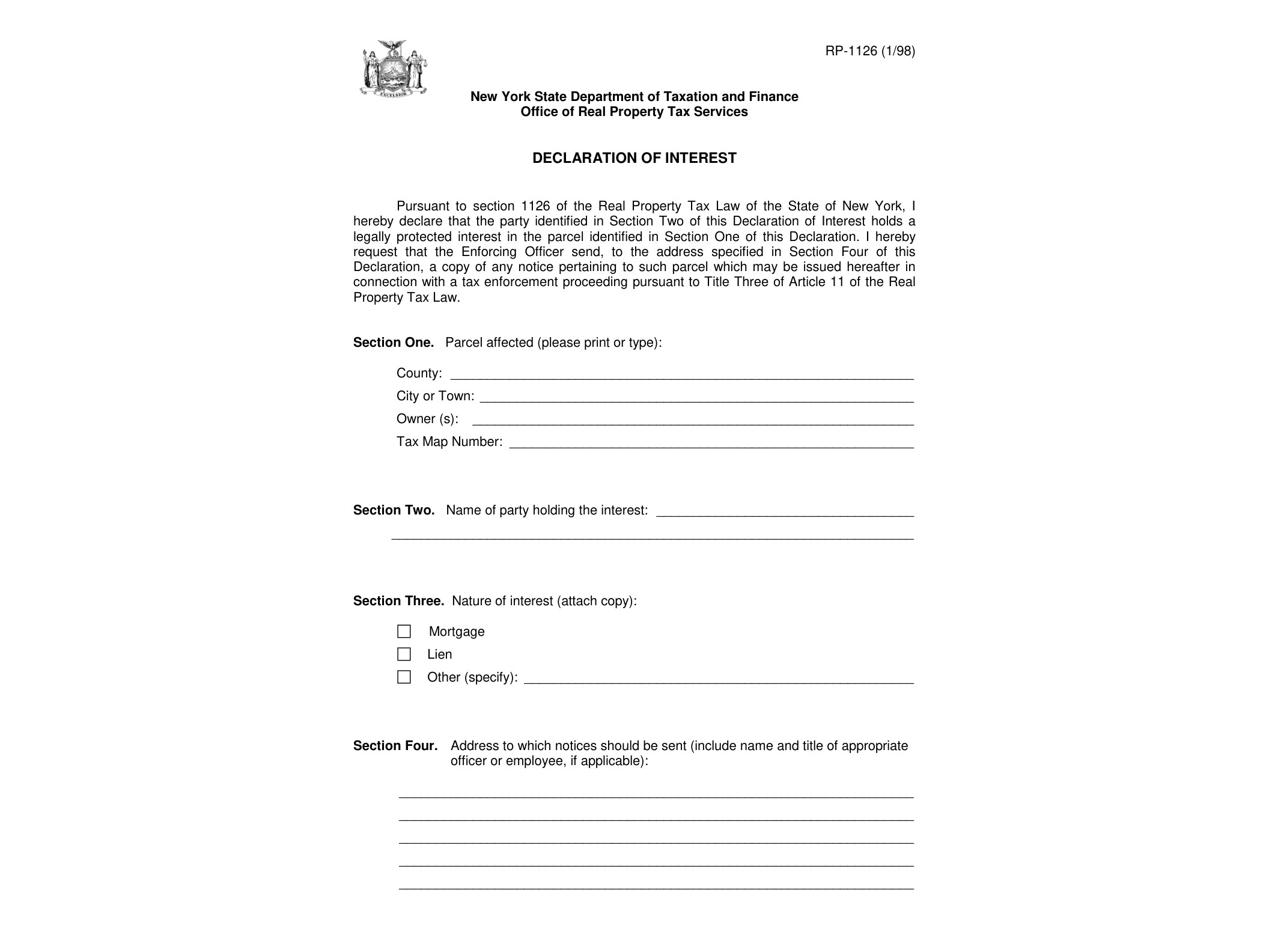 RP1126 Form RP-1126:1/98:Declaration of Interest:rp1126 - official form preview, page 1