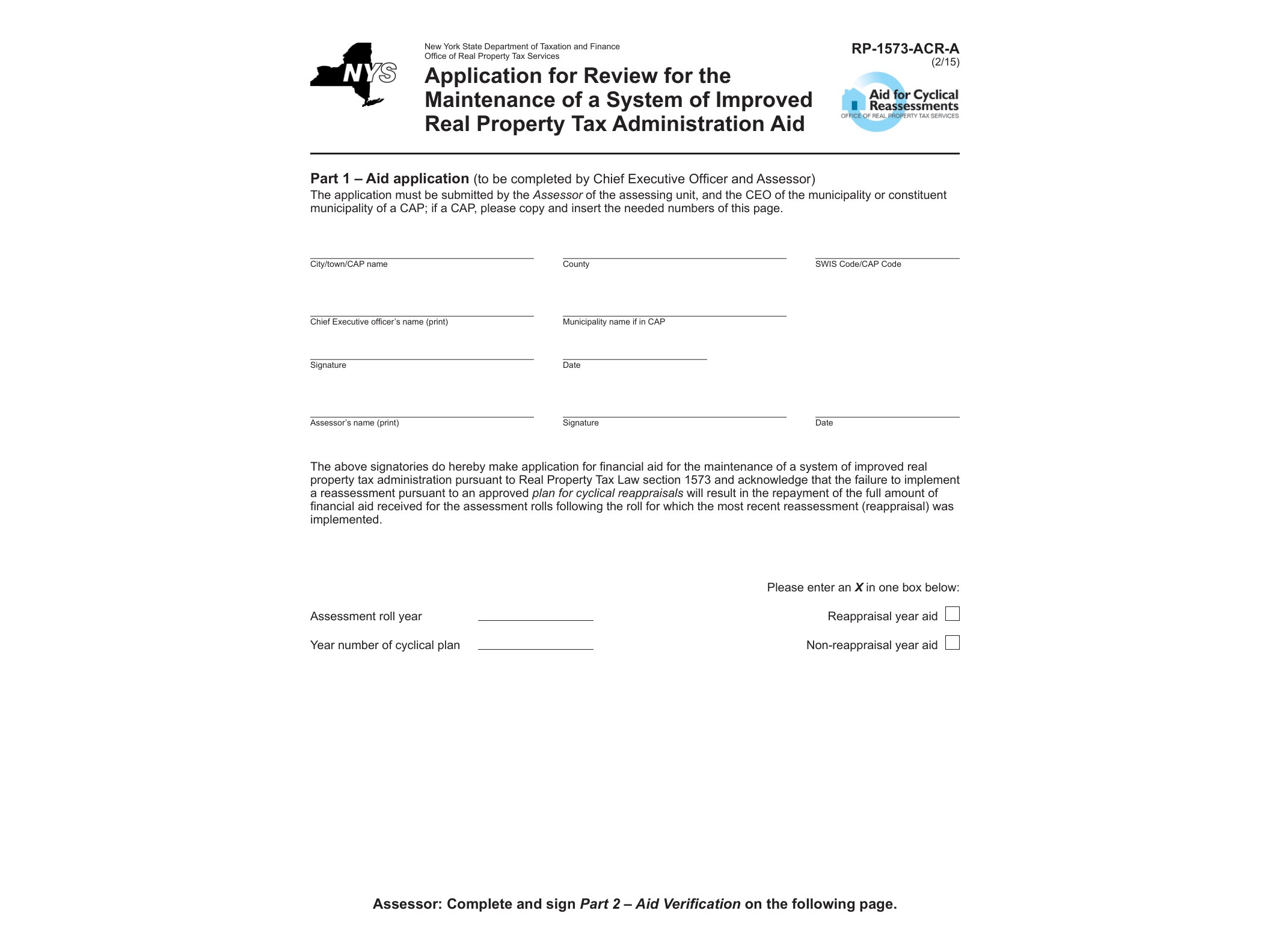 RP1573ACR Form RP-1573-ACR-A:2/15:Application for Review for the Maintenance of a System of Improved Real Property Tax Administration Aid:rp1573:rp1573acra - official form preview, page 1