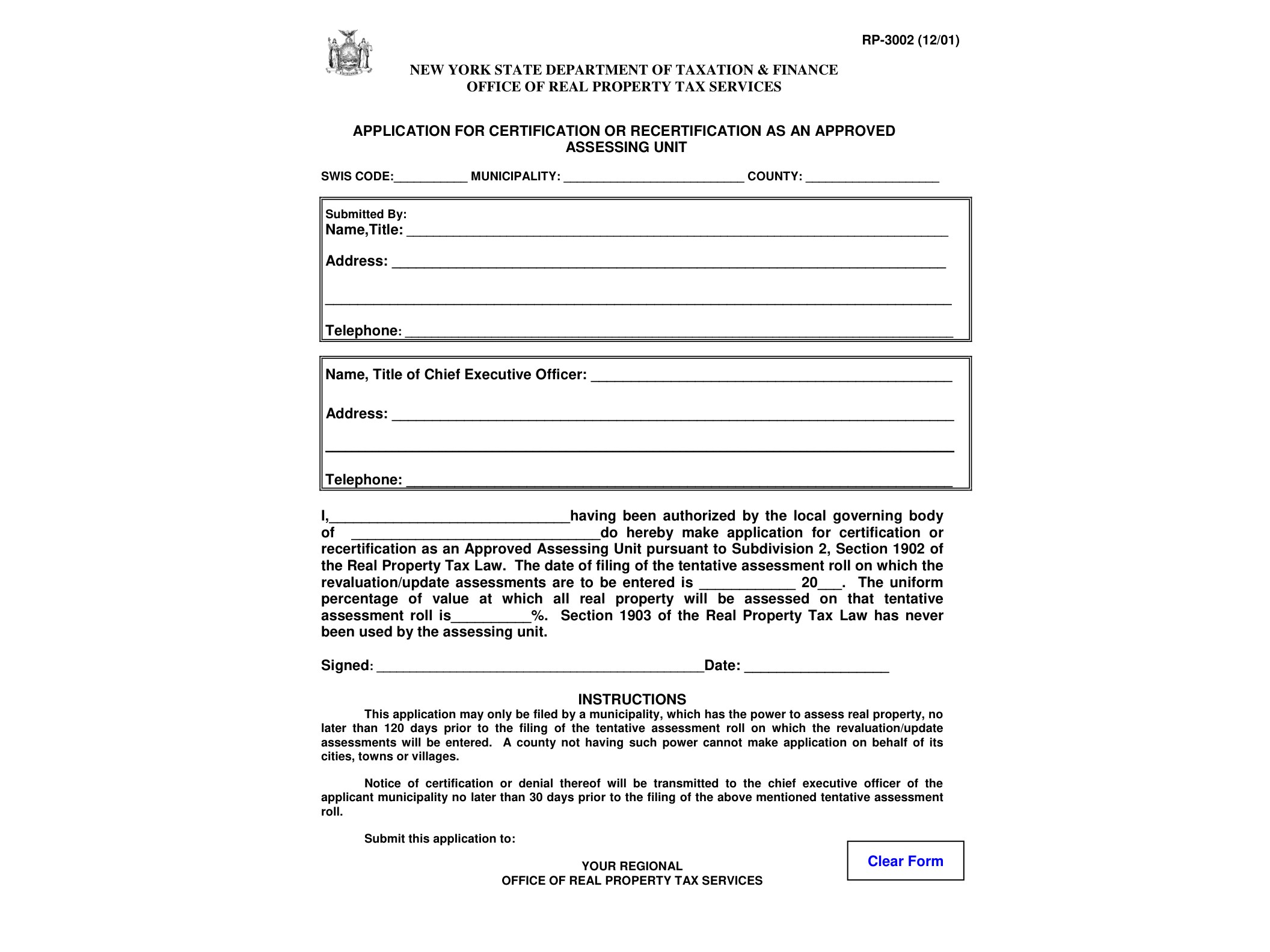 RP3002 Form RP-3002:12/01:Application for Certification or Recertification as an Approved Assessing Unit:rp3002 - official form preview, page 1