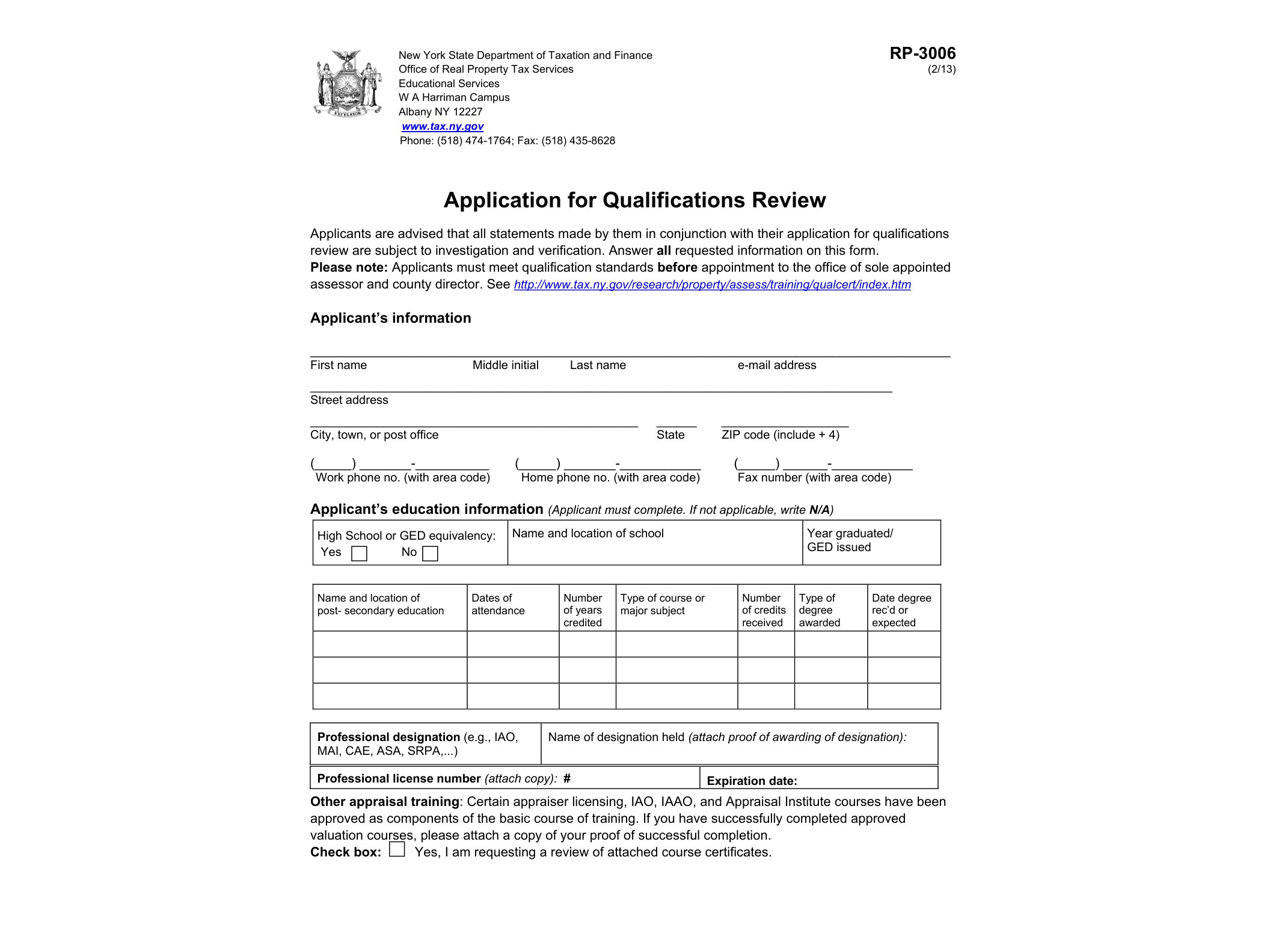 RP3006 Form RP-3006:2/13:Application for Qualifications Review:rp-3006 - official form preview, page 1