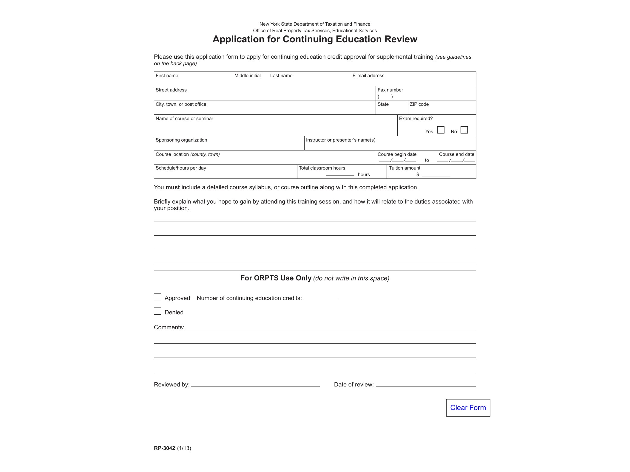 RP3042 Form RP-3042:1/13:Application for Continuing Education Review:rp-3042:rp3042 - official form preview, page 1