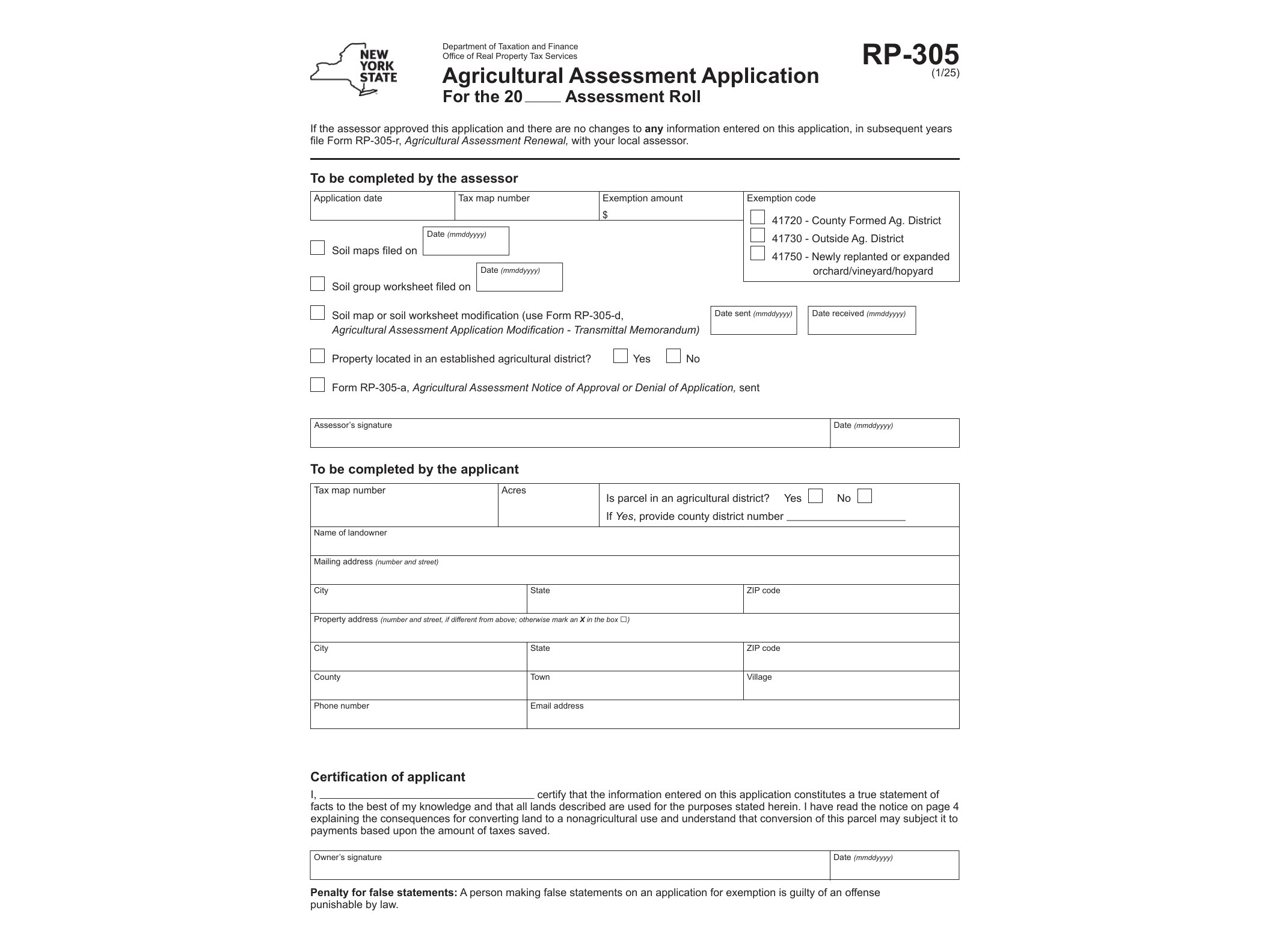 RP305 Form RP-305 Agricultural Assessment Program Revised 1/25 - official form preview, page 1