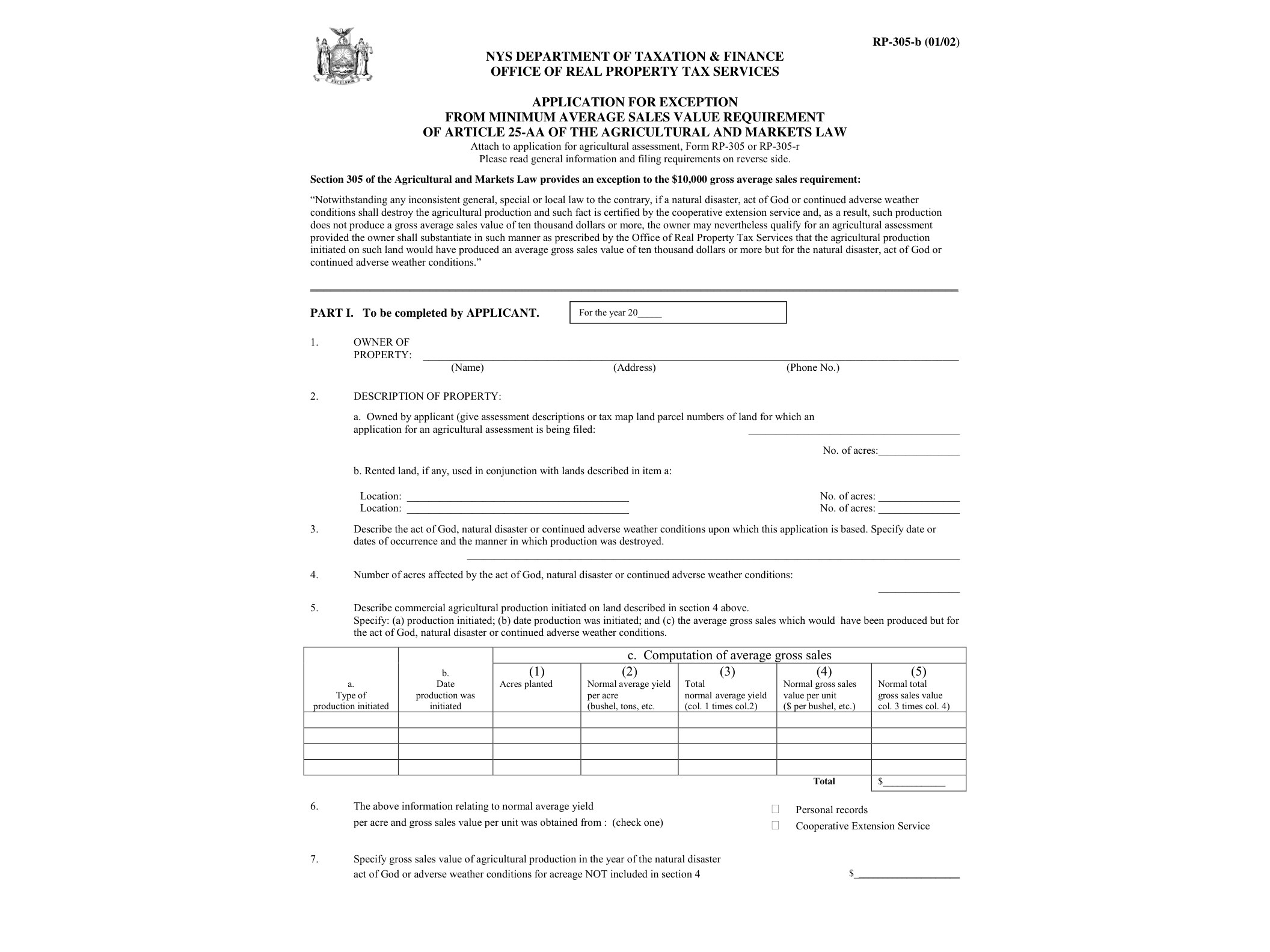 RP305B Form RP-305-b:1/02:Application for Exception from Minimum Average Sales Value Requirement of Article 25-AA of the Agricultural and Markets Law:rp305b - official form preview, page 1