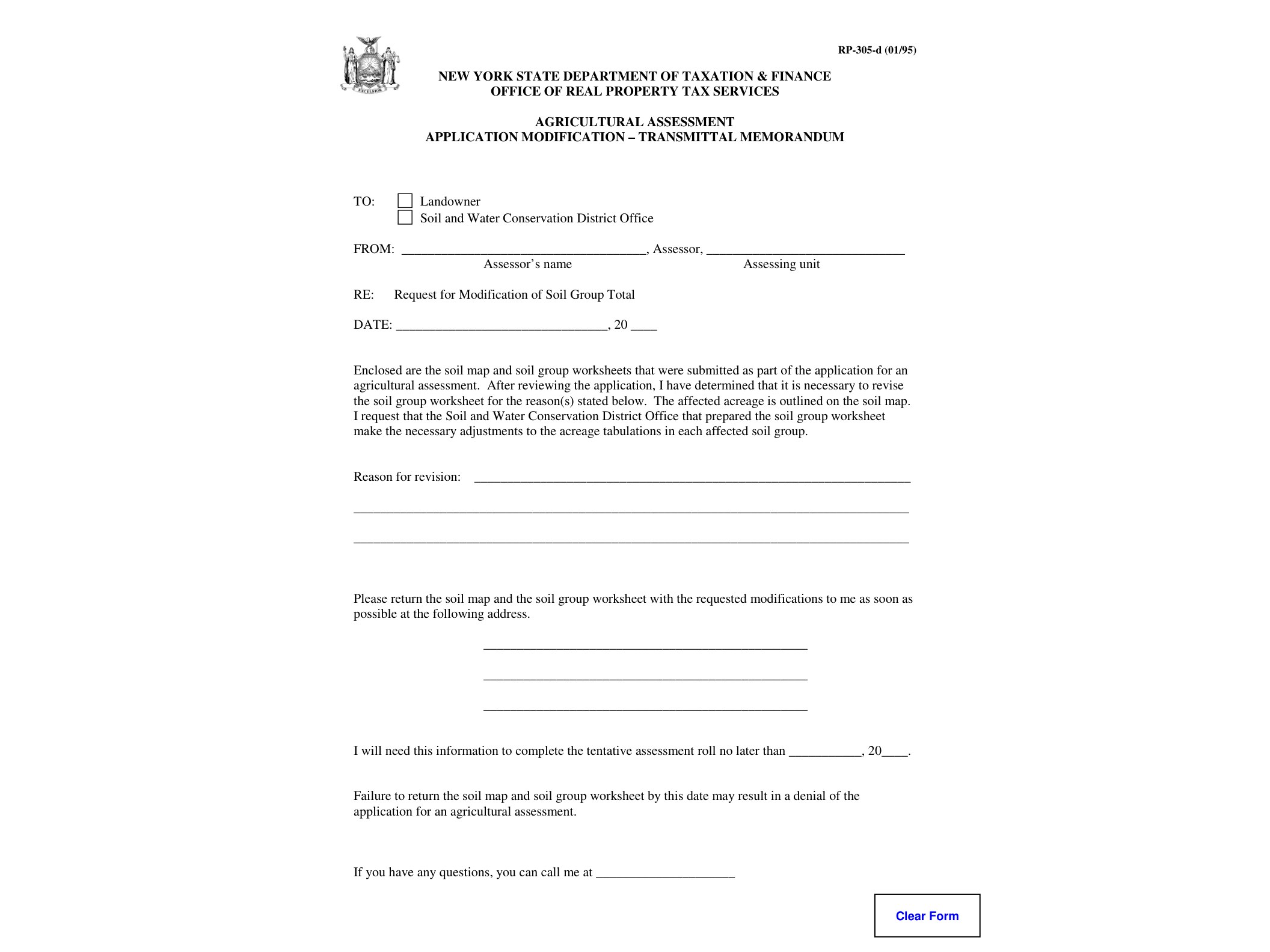 RP305D Form RP-305-d:1/95:Agricultural Assessment Application Modificaiton-Transmittal Memorandum:rp305d - official form preview, page 1