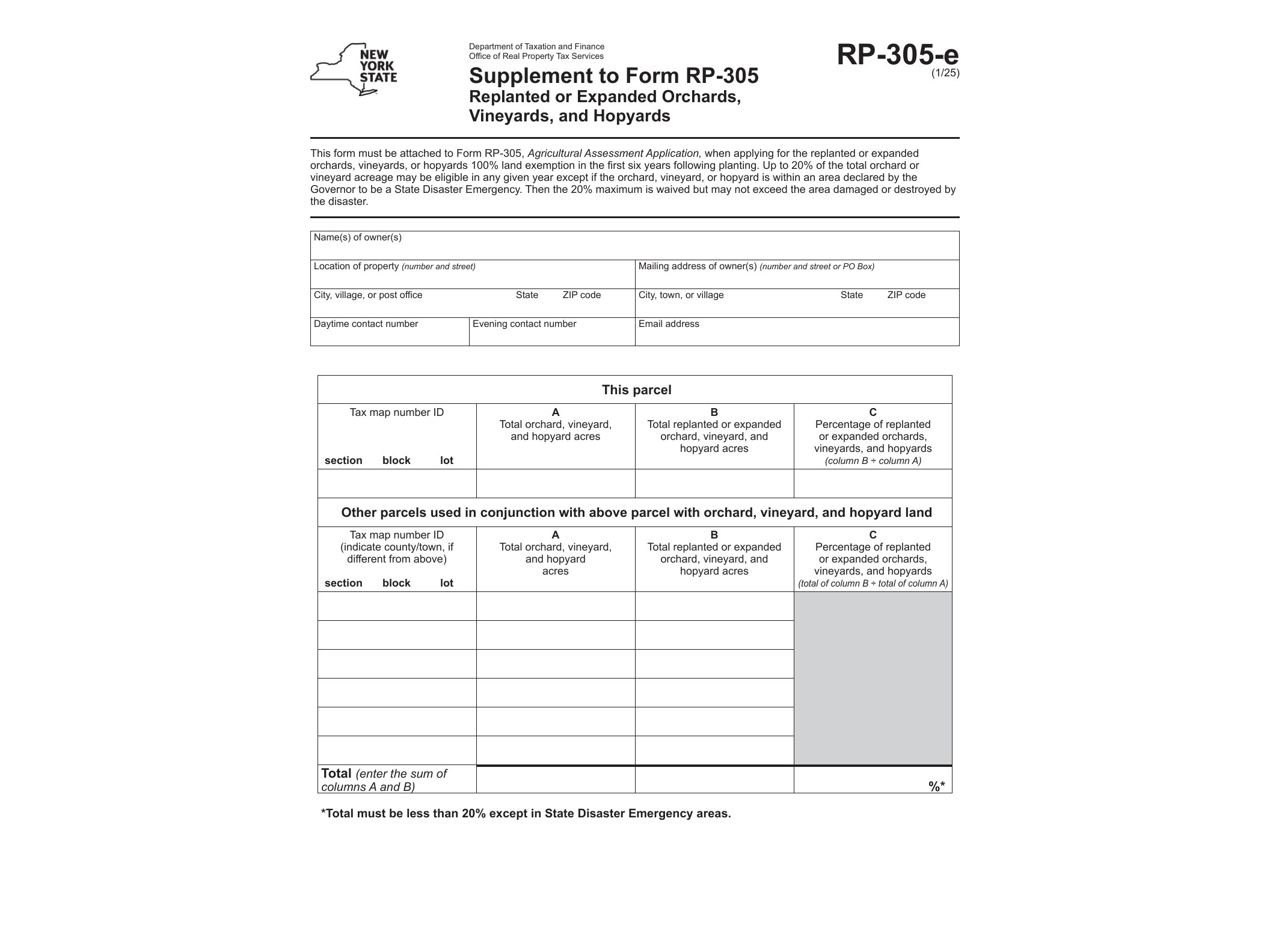 RP305E Form RP-305-e Supplement to Form RP-305 New Orchards, Vineyards, and Hopyards Revised 1/25 - official form preview, page 1