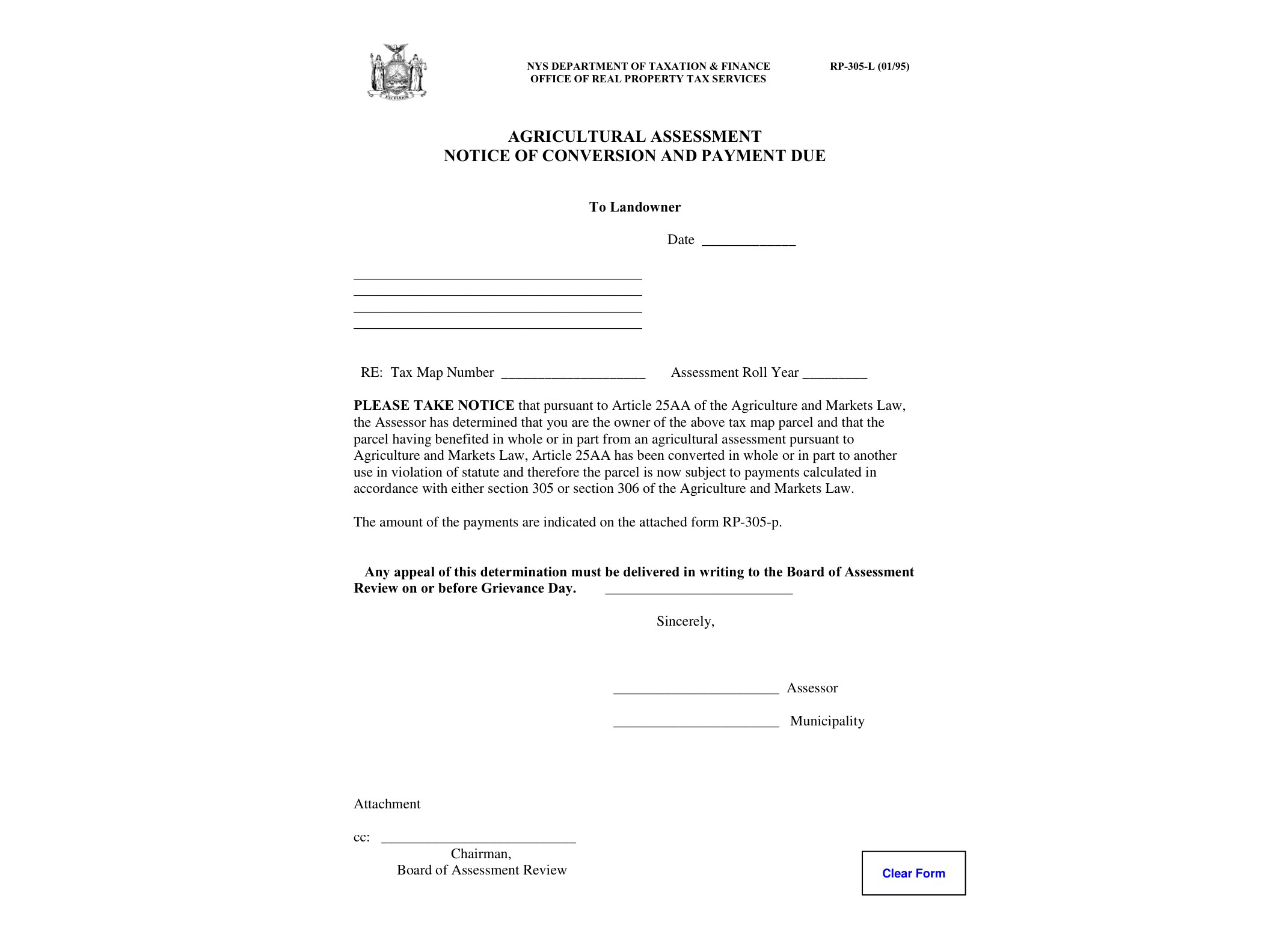 RP305L Form RP-305-L:1/95:Agricultural Assessment Notice of Conversion and Payment Due:rp305l - official form preview, page 1