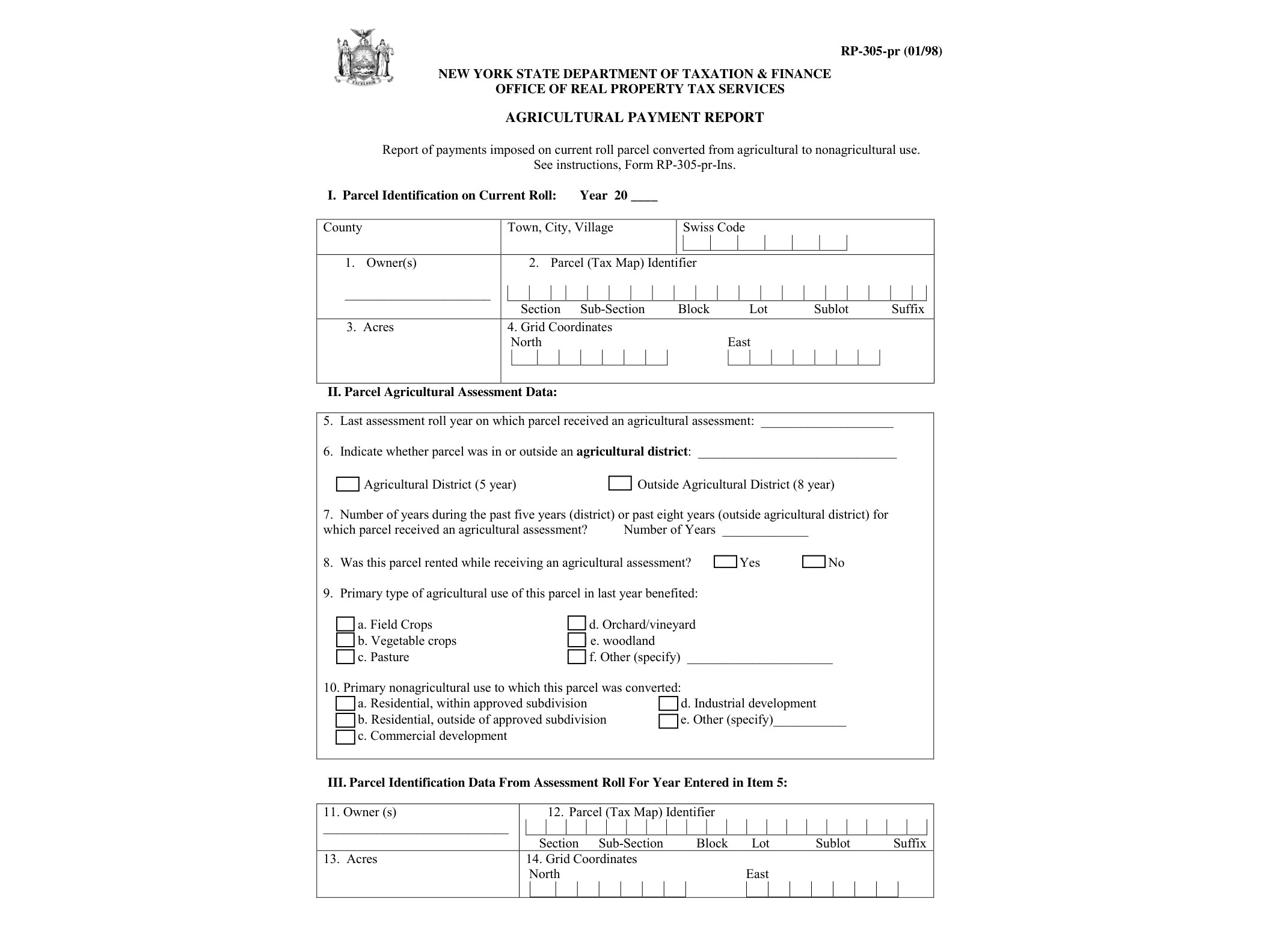 RP305PR Form RP-305-PR:1/98:Agricultural Payment Report:rp305pr - official form preview, page 1