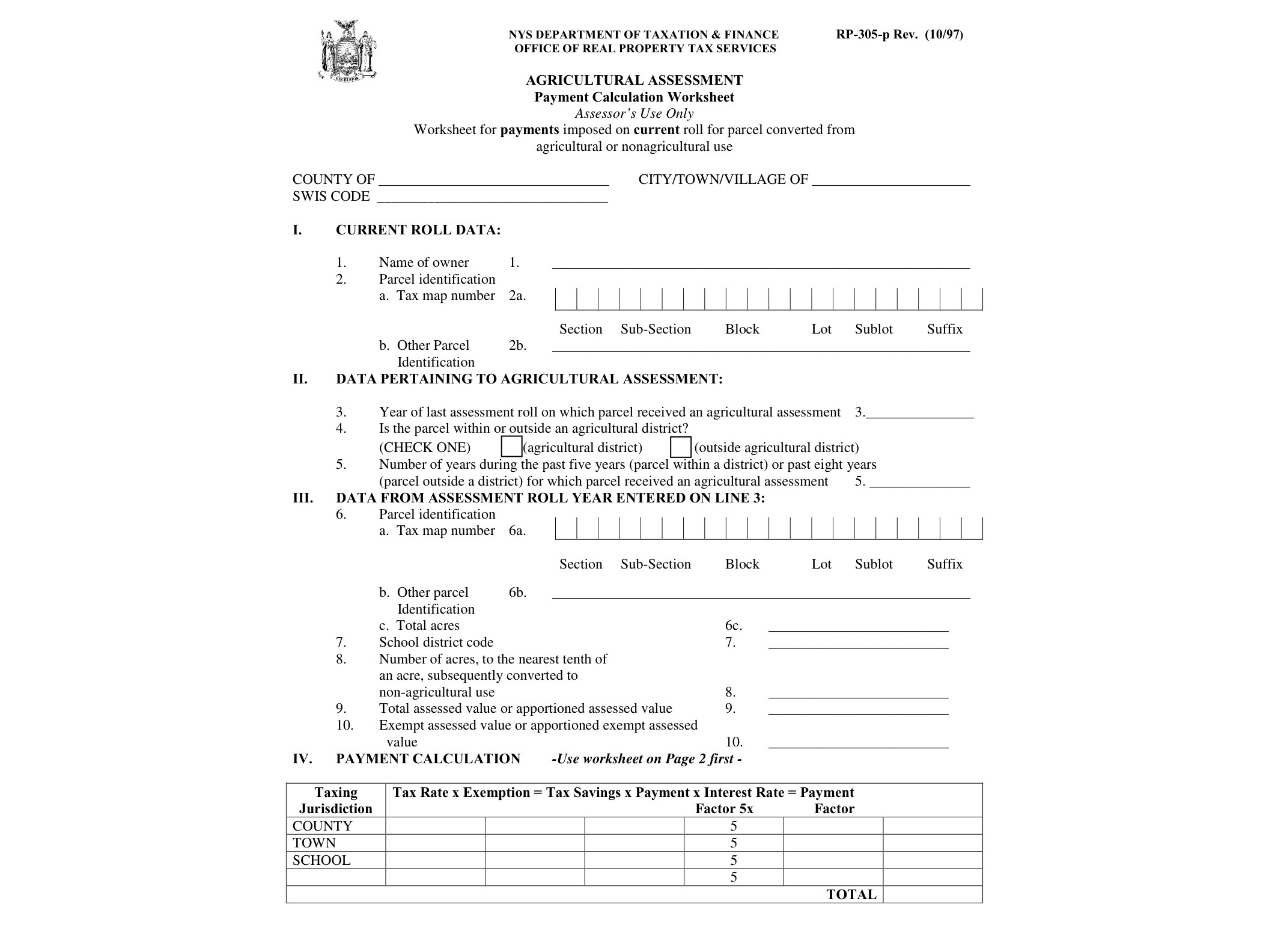 RP305PRE Form RP-305-P-REV:10/97:Agricultural Assessment Payment Calculation Worksheet:rp305prev - official form preview, page 1