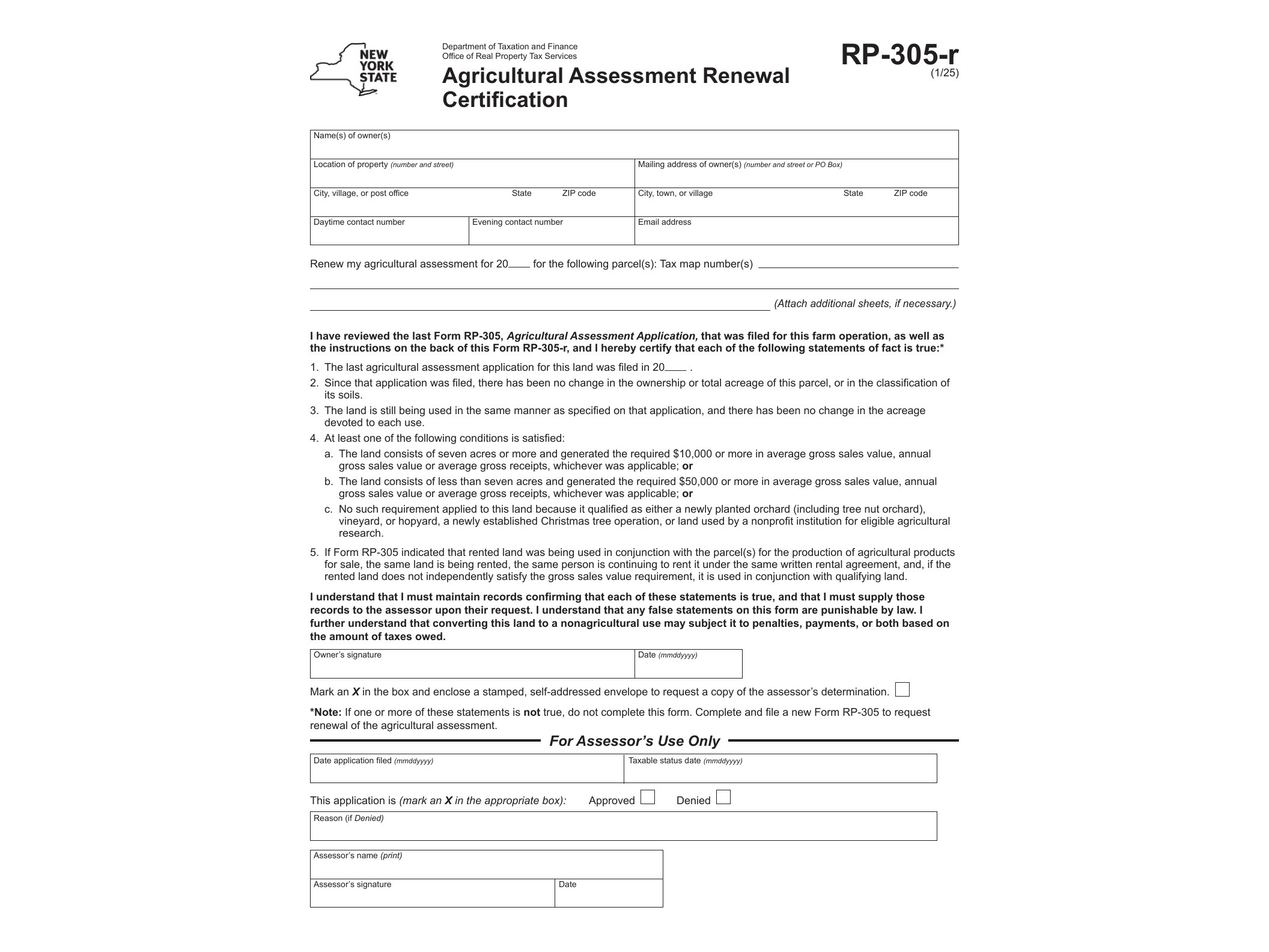 RP305R Form RP-305-R Agricultural Assessment Renewal Certification Revised 1/25 - official form preview, page 1