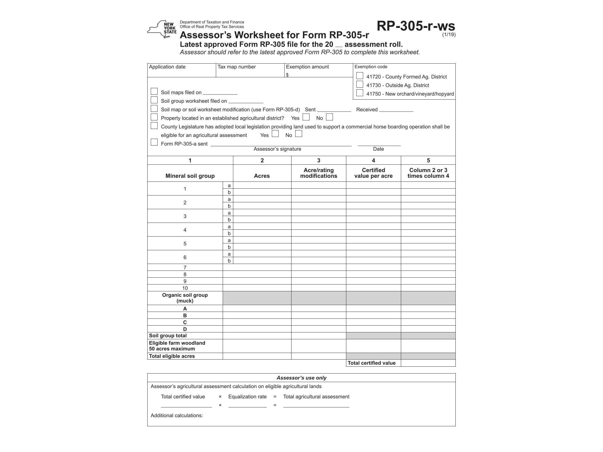 RP305RWS Form RP-305-R-WS:1/19:Assessor's Worksheet for RP-305-R:rp305rws - official form preview, page 1