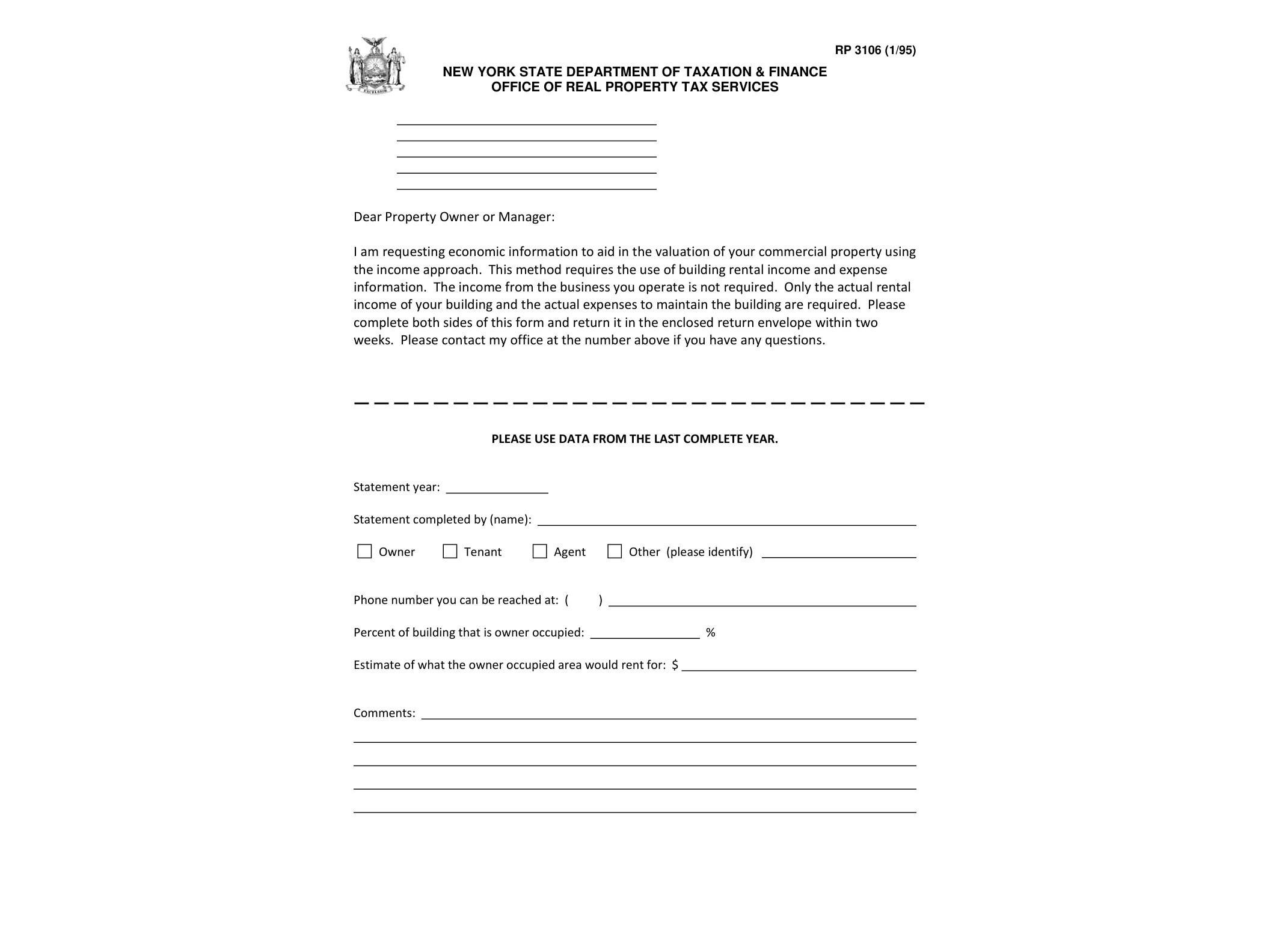 RP3106 Form RP-3106:1/95:Economic Information to Aid in Valuation of Commercial Property:rp3106 - official form preview, page 1