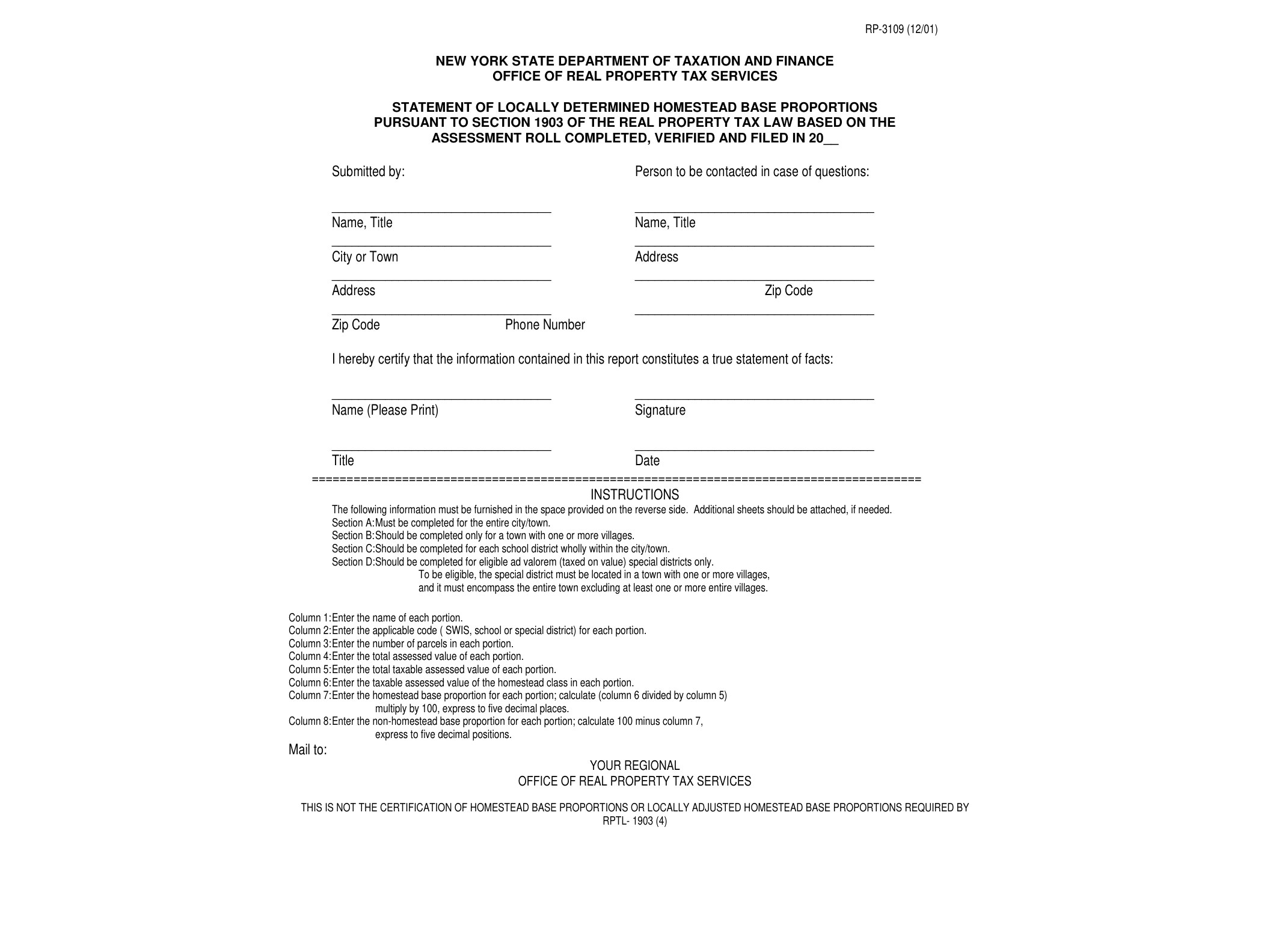 RP3109 Form RP-3109:12/01:Statement of Locally Determined Homestead Base Proportions Pursuant to Section 1903 of the Real Property Tax Law Based on the Assessment Roll Completed, Verified and Filed:rp3109 - official form preview, page 1