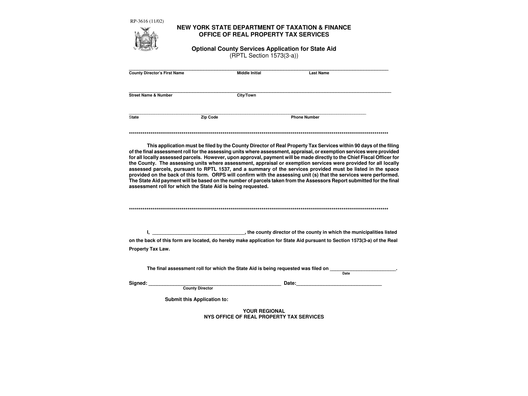RP3616 Form RP3616:11/02:Optional County Services Application for State Aid:rp3616 - official form preview, page 1