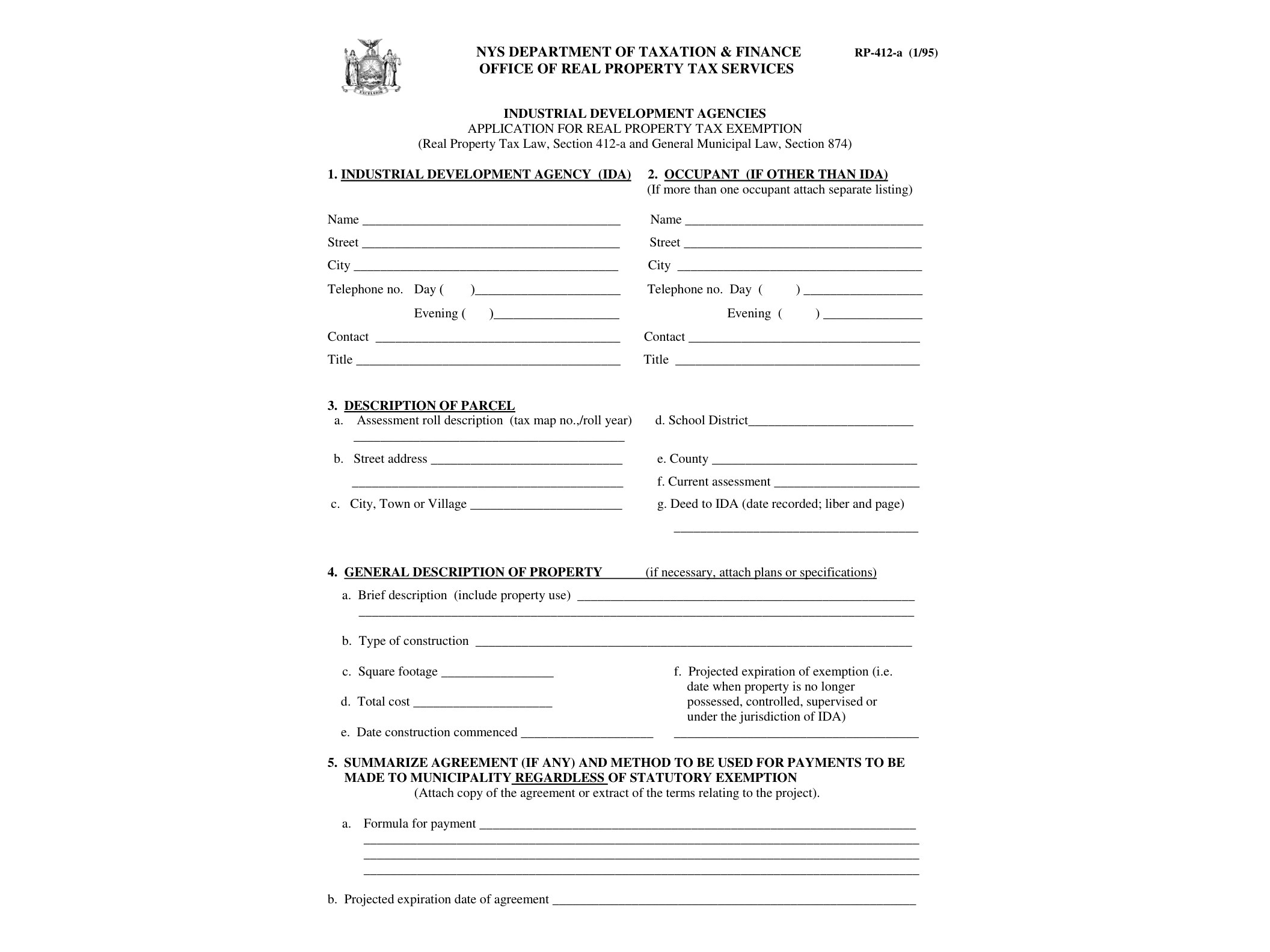 RP412A Form RP-412aA:1/95:Industrial Development Agencies:rp412a - official form preview, page 1