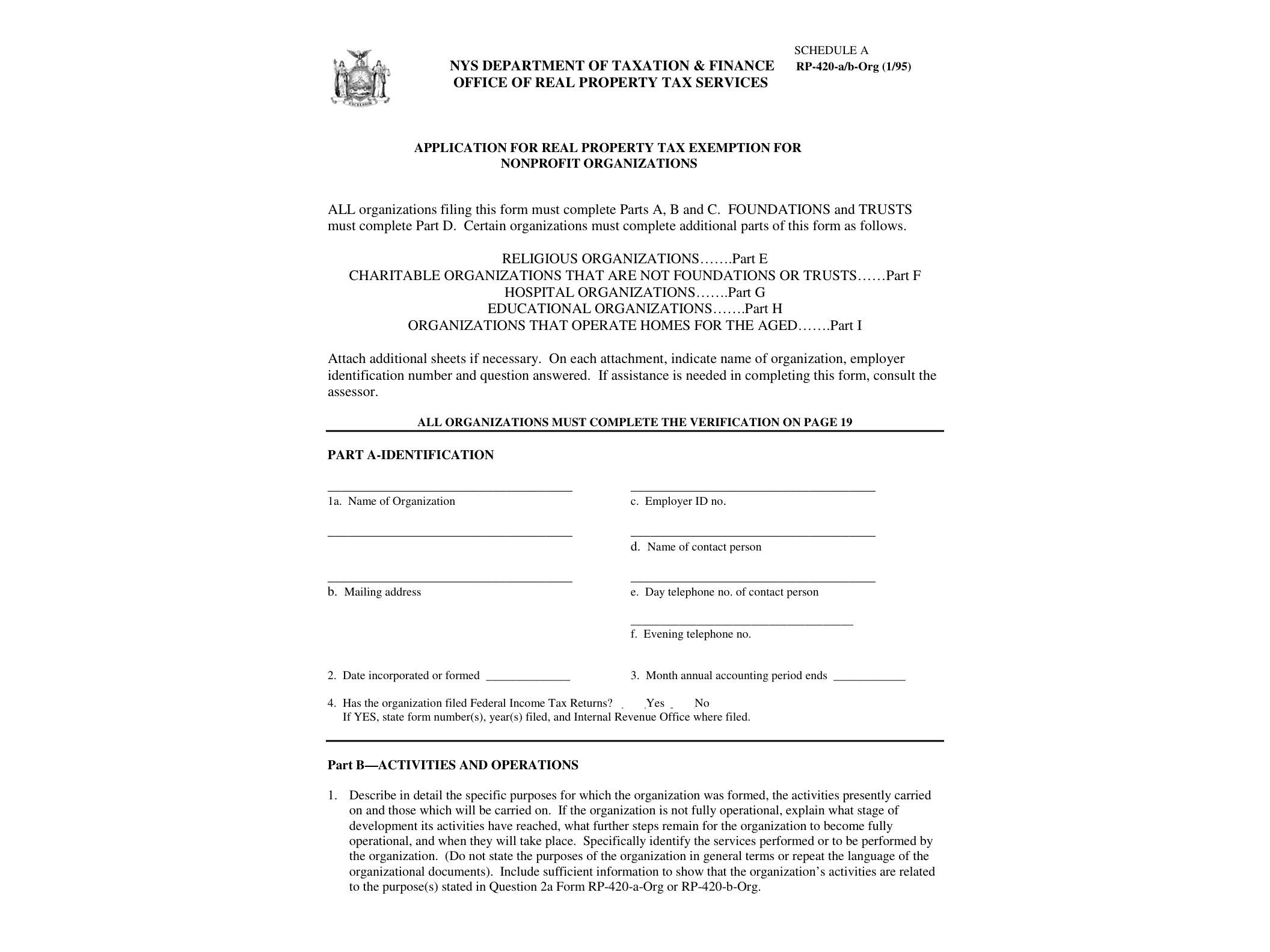 RP420ABO Form RP-420-a/b-Org:1/95:Application for Real Property Tax Exemption for Nonprofit Organizations:rp420aborg - official form preview, page 1