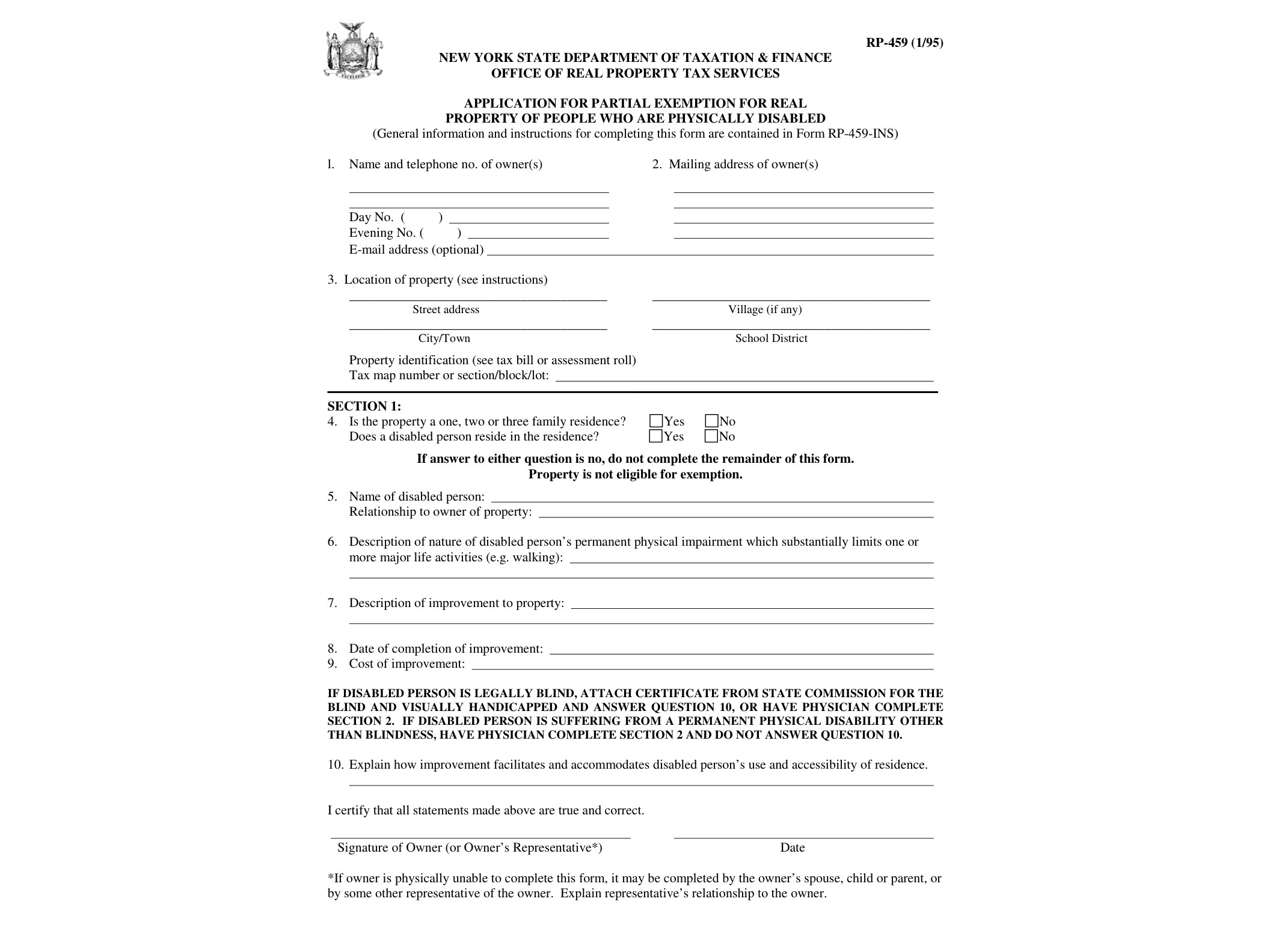 RP459 Form RP-459:1/95:Application for Partial Exemption for Real Property of People who are Physically Disabled:rp459 - official form preview, page 1