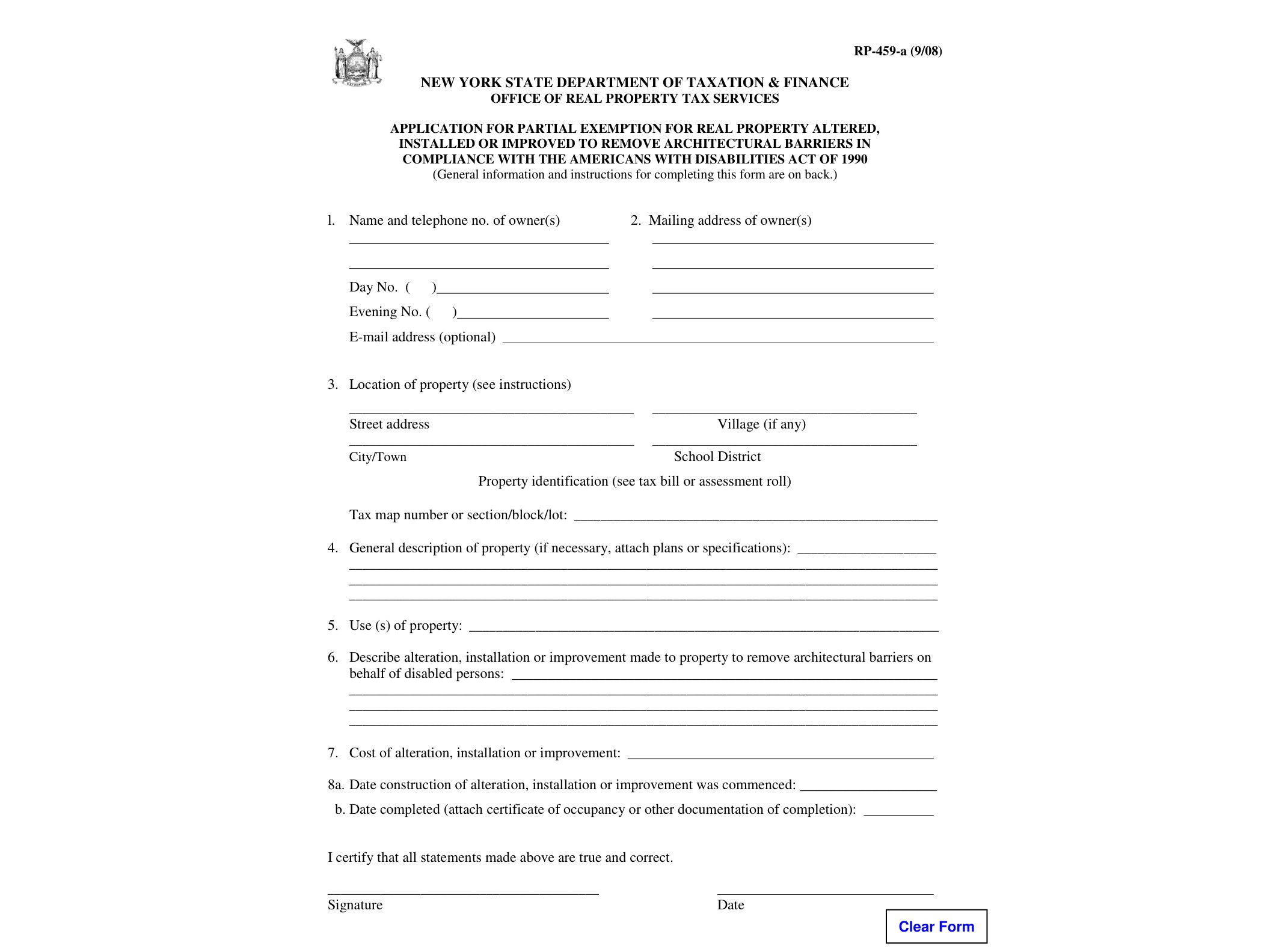 RP459A Form RP-459-A:9/08:Application for Partial Exemption for Real Property Altered, Installed or Improved to Remove Architectural Bariers in Compliance with the Americans with Disabilities Act of 1990:rp459a - official form preview, page 1
