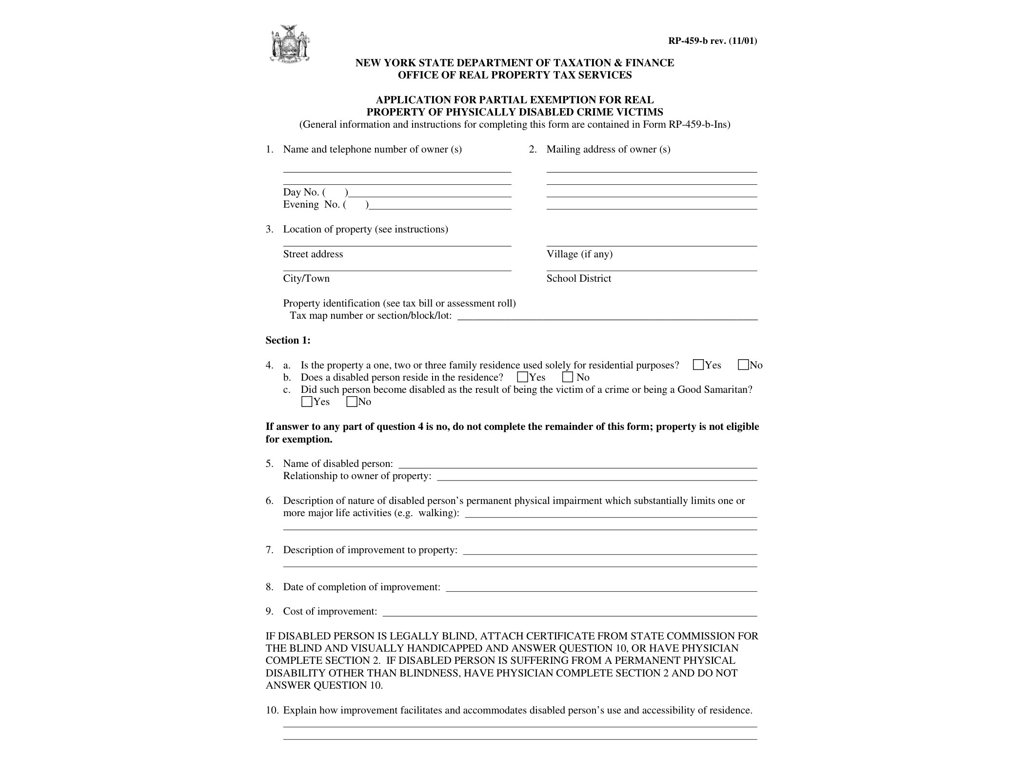 RP459B Form RP-459-B:11/01:Application for Partial Exemption for Real Property of Physically Disabled Crime Victims:rp459b - official form preview, page 1