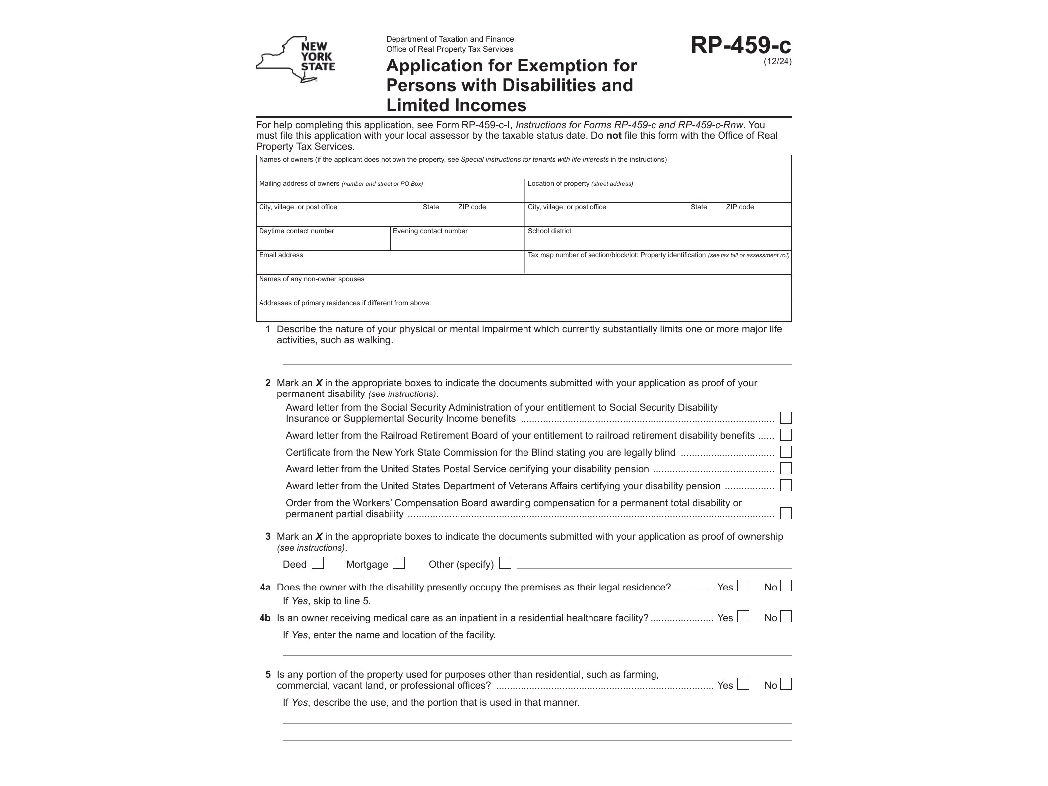 RP459C Form RP-459-c Application for Partial Tax Exemption for Real Property of Persons with Disabilities and Limited Incomes Tax Year 2024 - official form preview, page 1