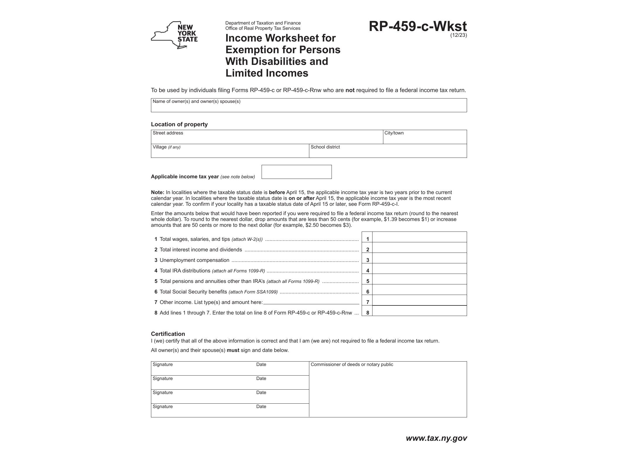 RP459CWK Form RP-459-c-Wkst Income Worksheet for Exemption for Persons With Disabilities and Limited Incomes Revised 12/23 - official form preview, page 1