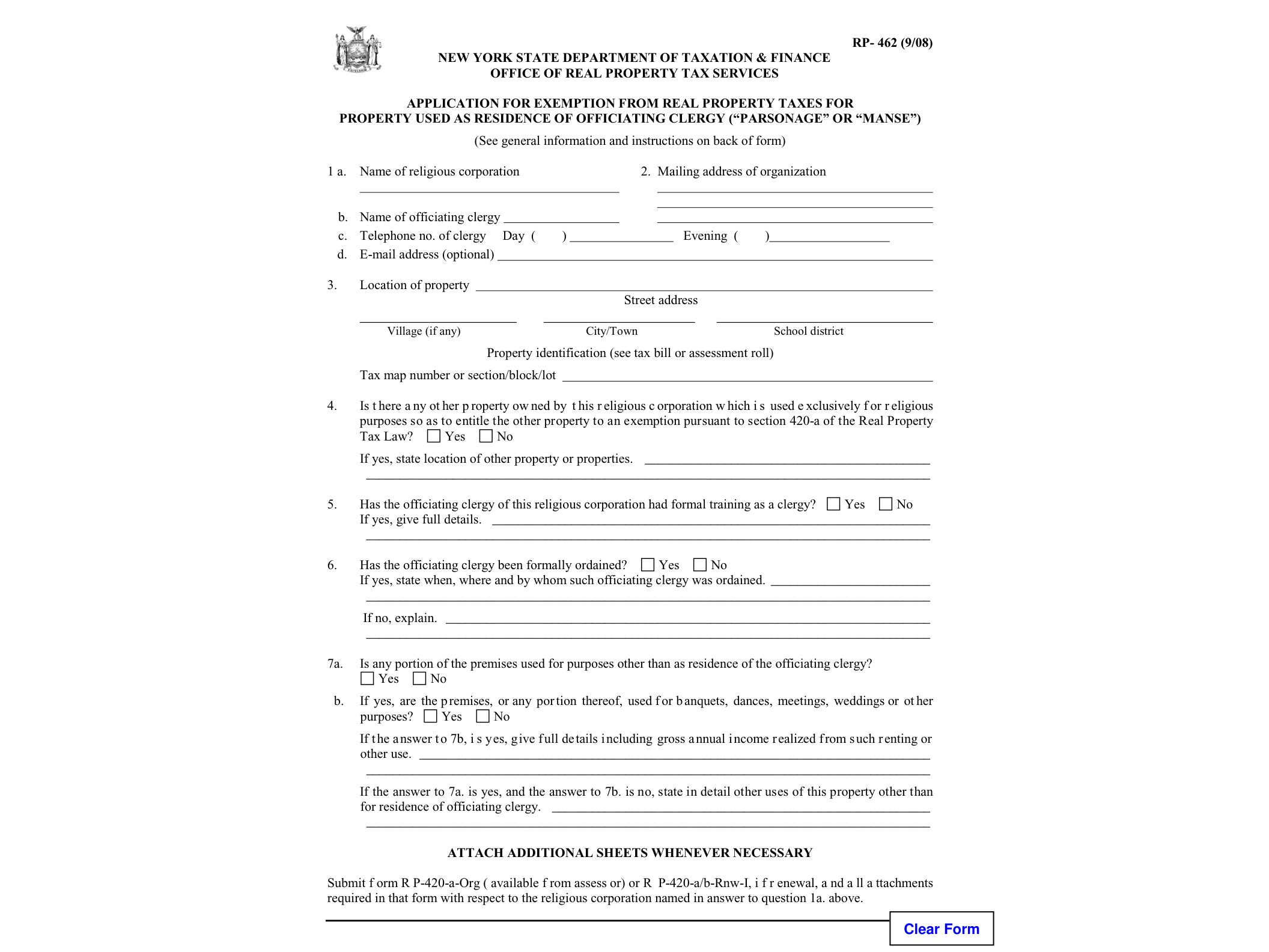 RP462 Form RP-462:9/08:Application for Exemption from Real Property Taxes for Property used as Residence of Officiating Clergy ("Parsonage" or "Manse"):rp462 - official form preview, page 1