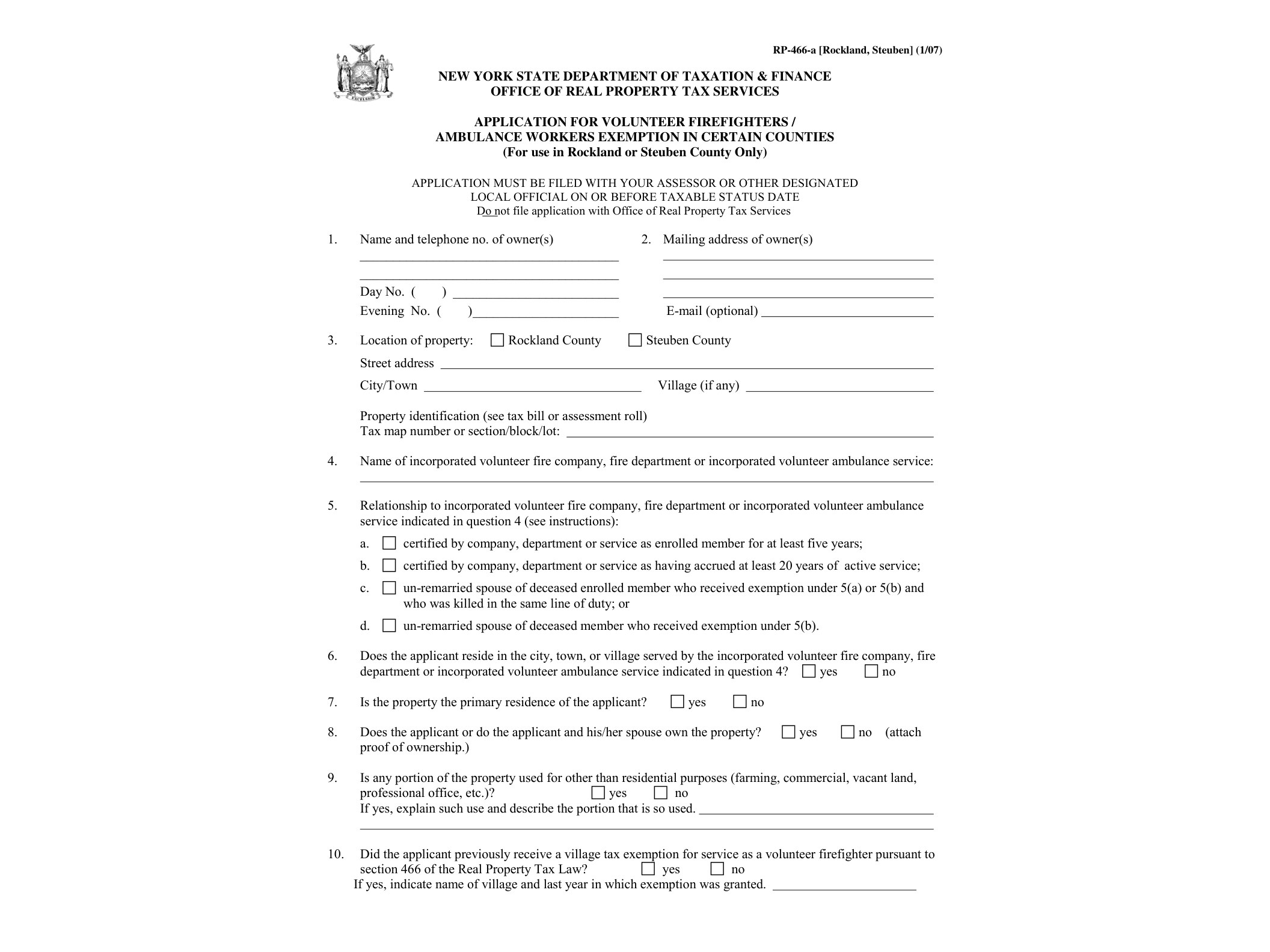 RP466A Form RP-466-A:1/07:Application for Volunteer Firefighters/Ambulance Workers Exemption in Certain Counties:rp466a - official form preview, page 1
