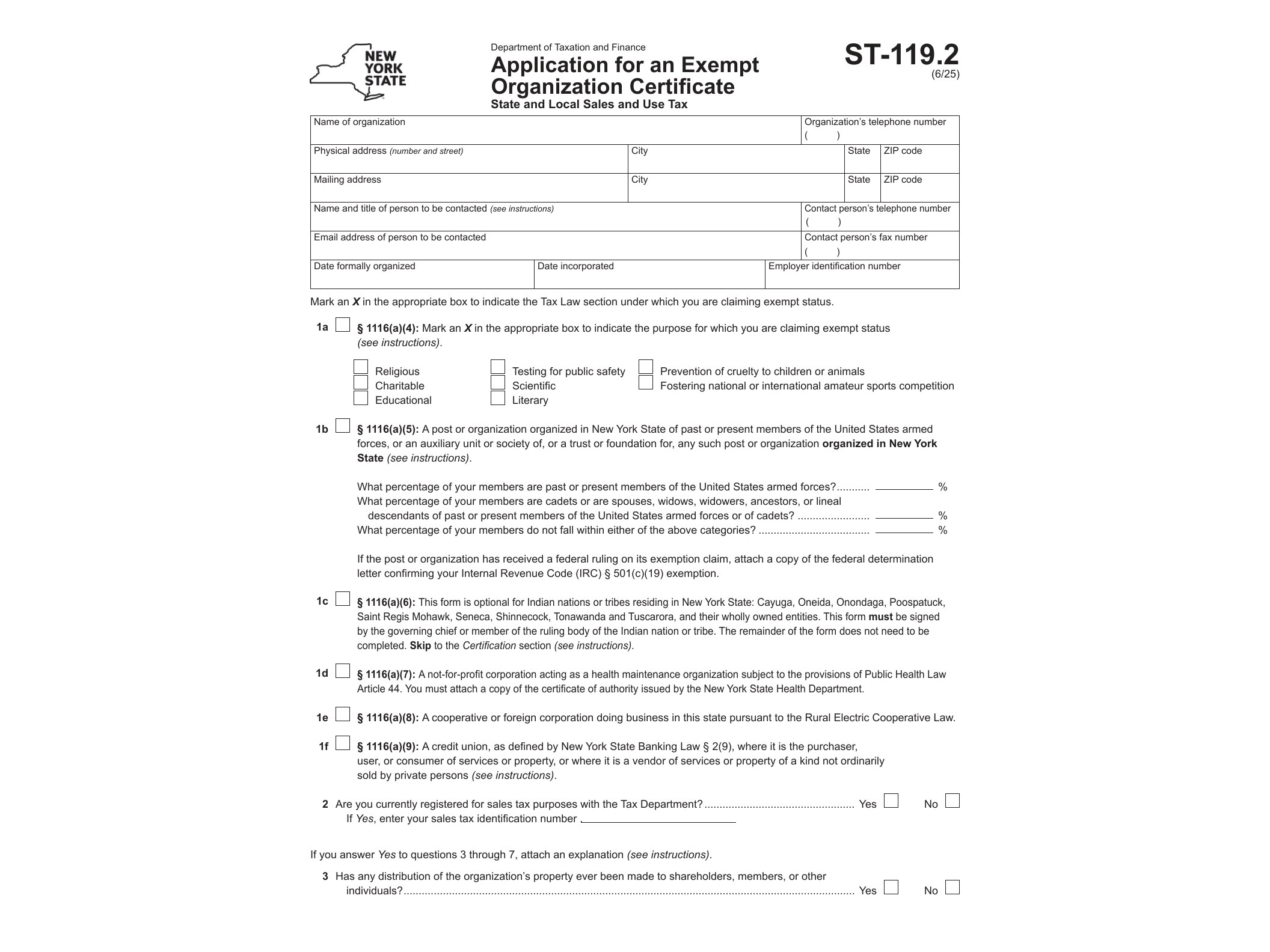 ST119 Form ST-119.2 Application for an Exempt Organization Certificate Revised 6/25 - official form preview, page 1