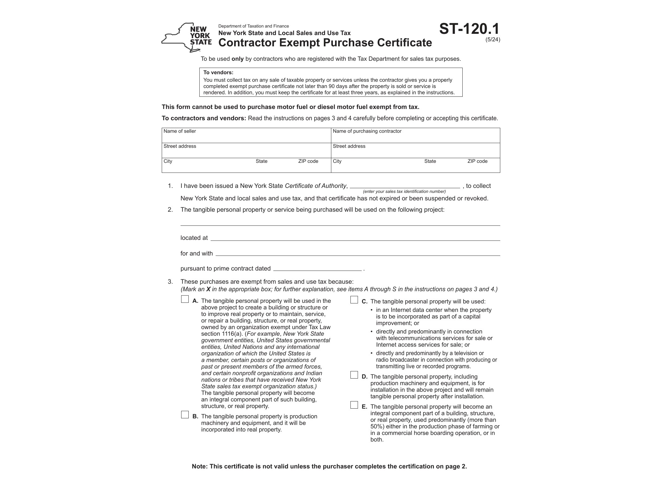 ST120 Form ST-120.1 Contractor Exempt Purchase Certificate Revised 5/24 - official form preview, page 1