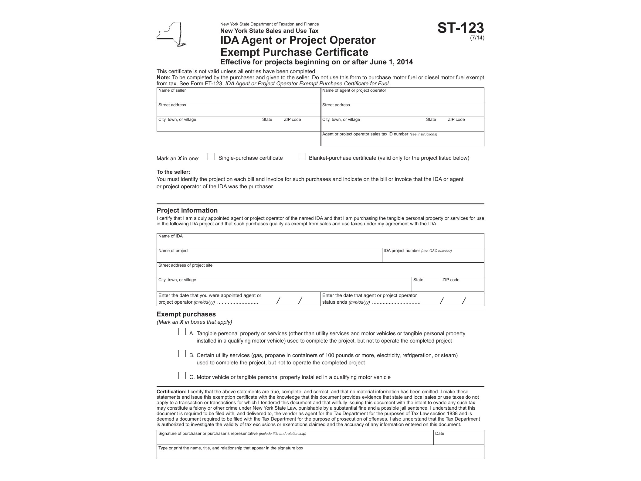 ST123 Form ST-123:7/14: IDA Agent or Project Operator Exempt Purchase Certificate Effective for projects beginning on or after June 1, 2014, st123 - official form preview, page 1