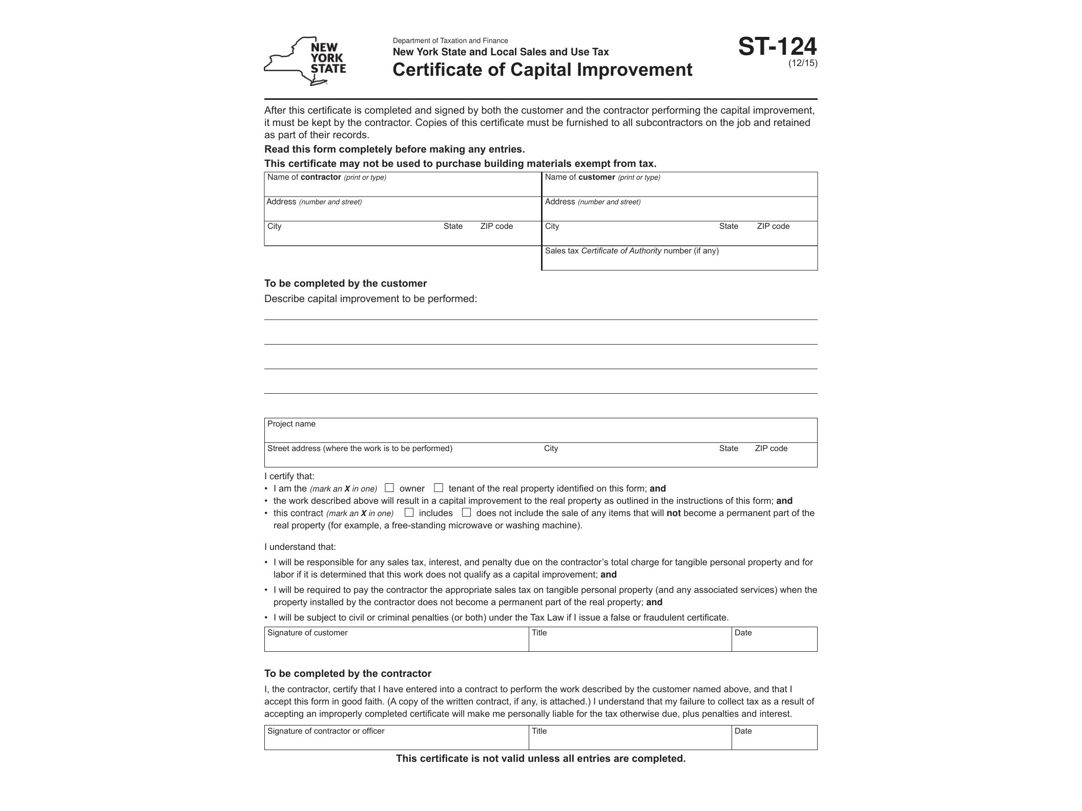 ST124 Form ST-124:(12/15):Certificate of Capital Improvement:ST124 - official form preview, page 1