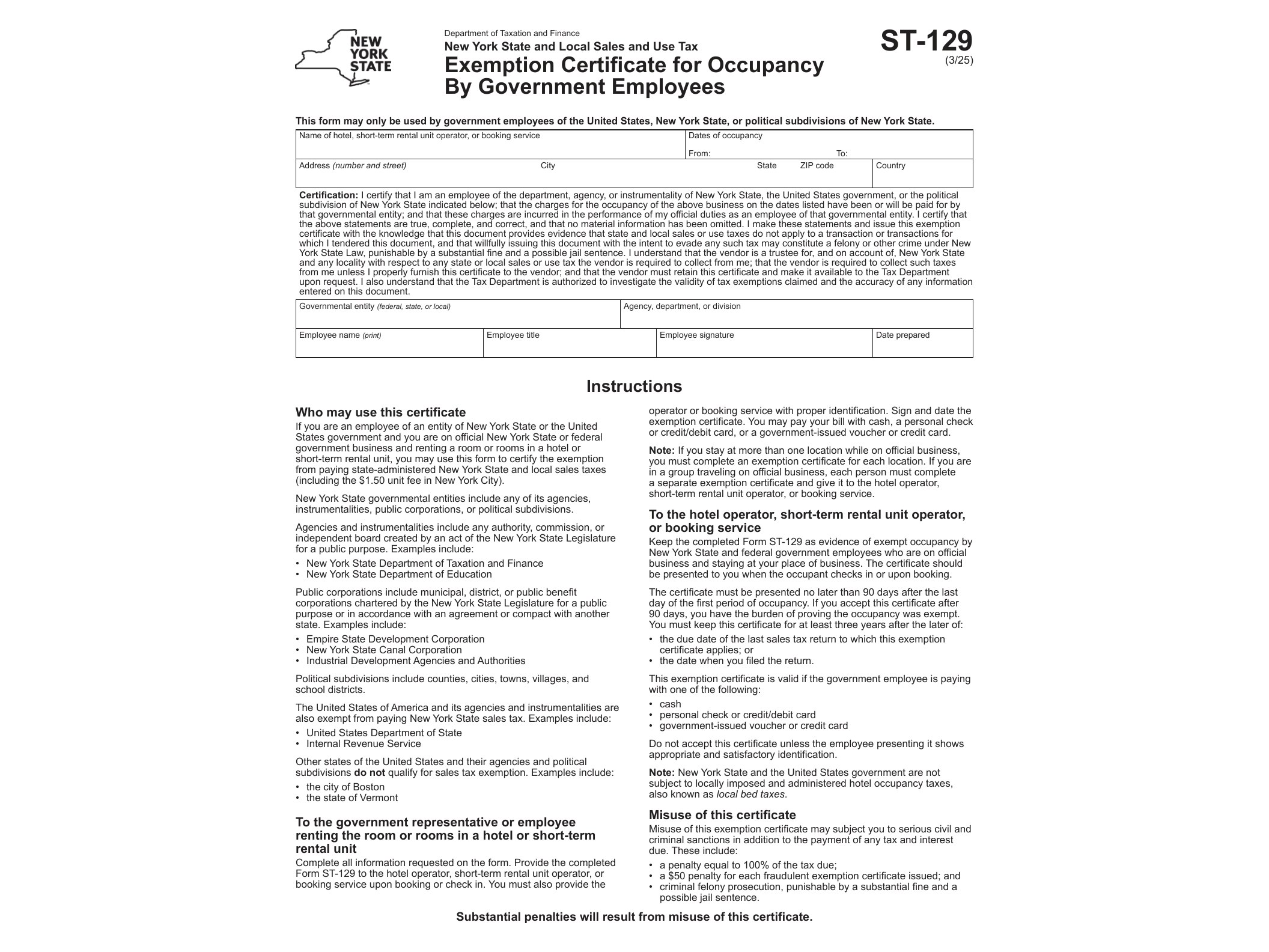 ST129 Form ST-129 Exemption Certificate for Occupancy By Government Employees Revised 3/25 - official form preview, page 1