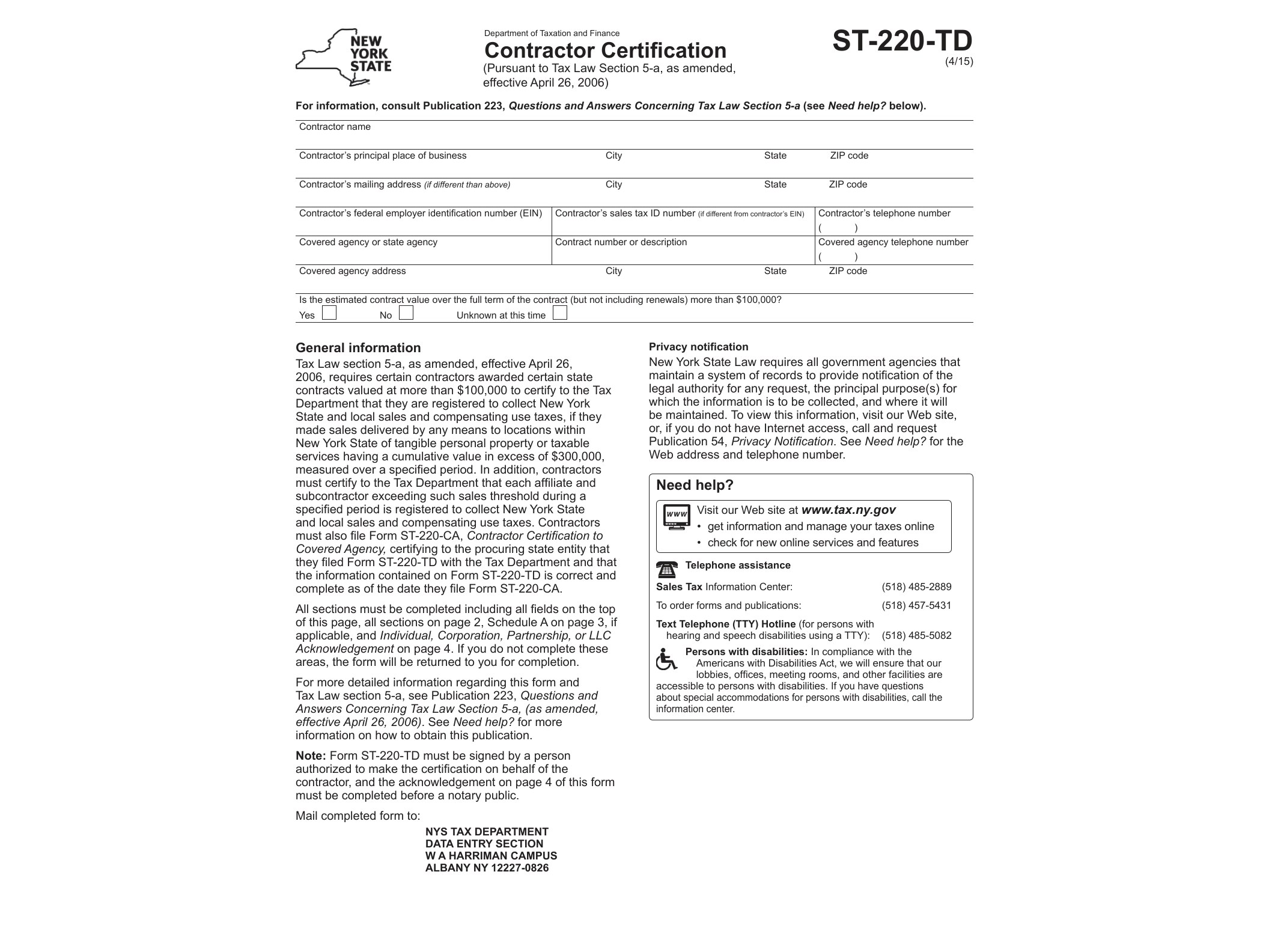 ST220TD Form ST-220-TD:4/15: Contractor Certification, st220td - official form preview, page 1