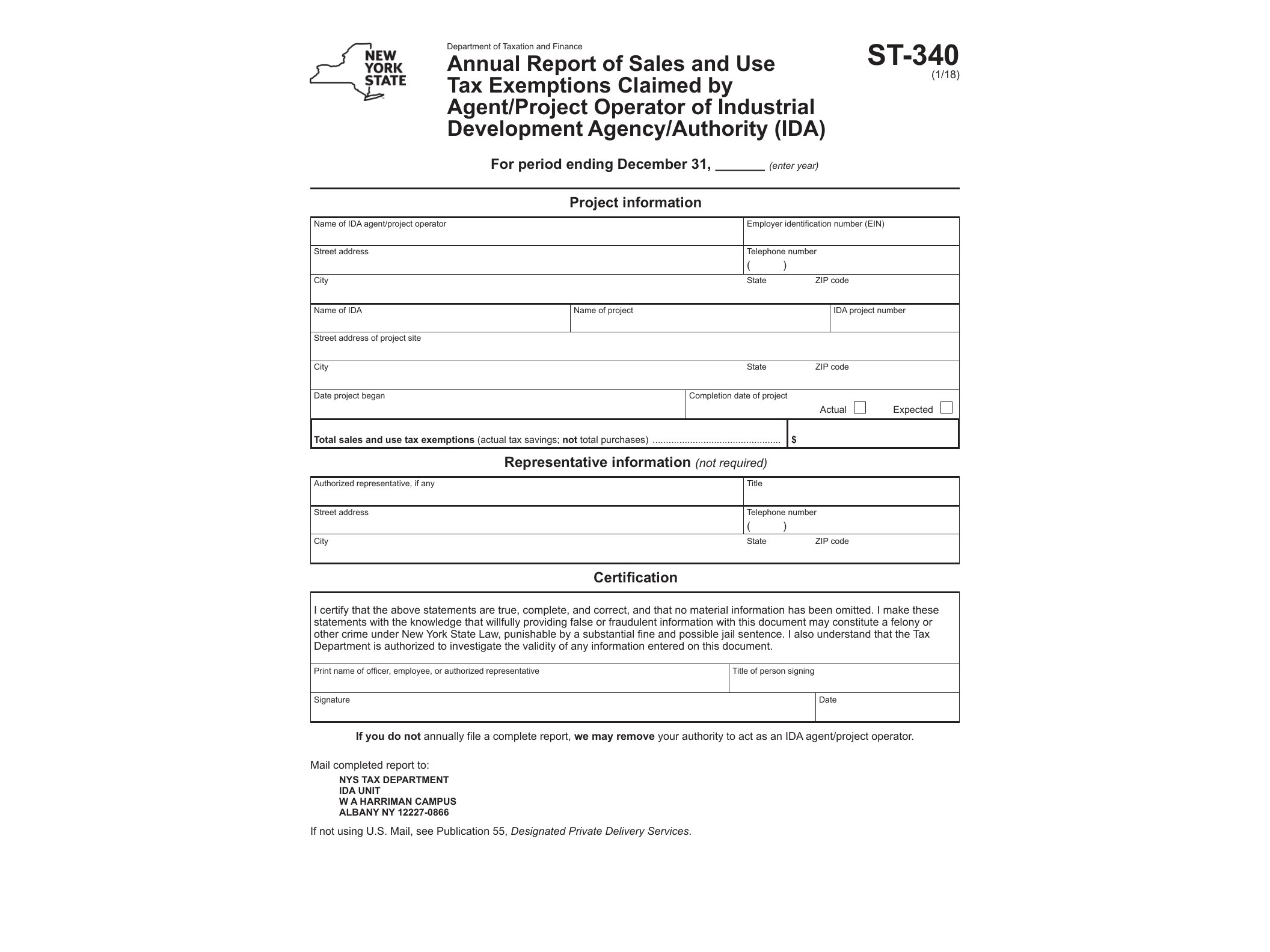 ST340 Form ST-340:1/18:Annual Report of Sales and Use Tax Exemptions Claimed by Agent/Project Operator of Industrial Development Agency/Authority (IDA):st340 - official form preview, page 1