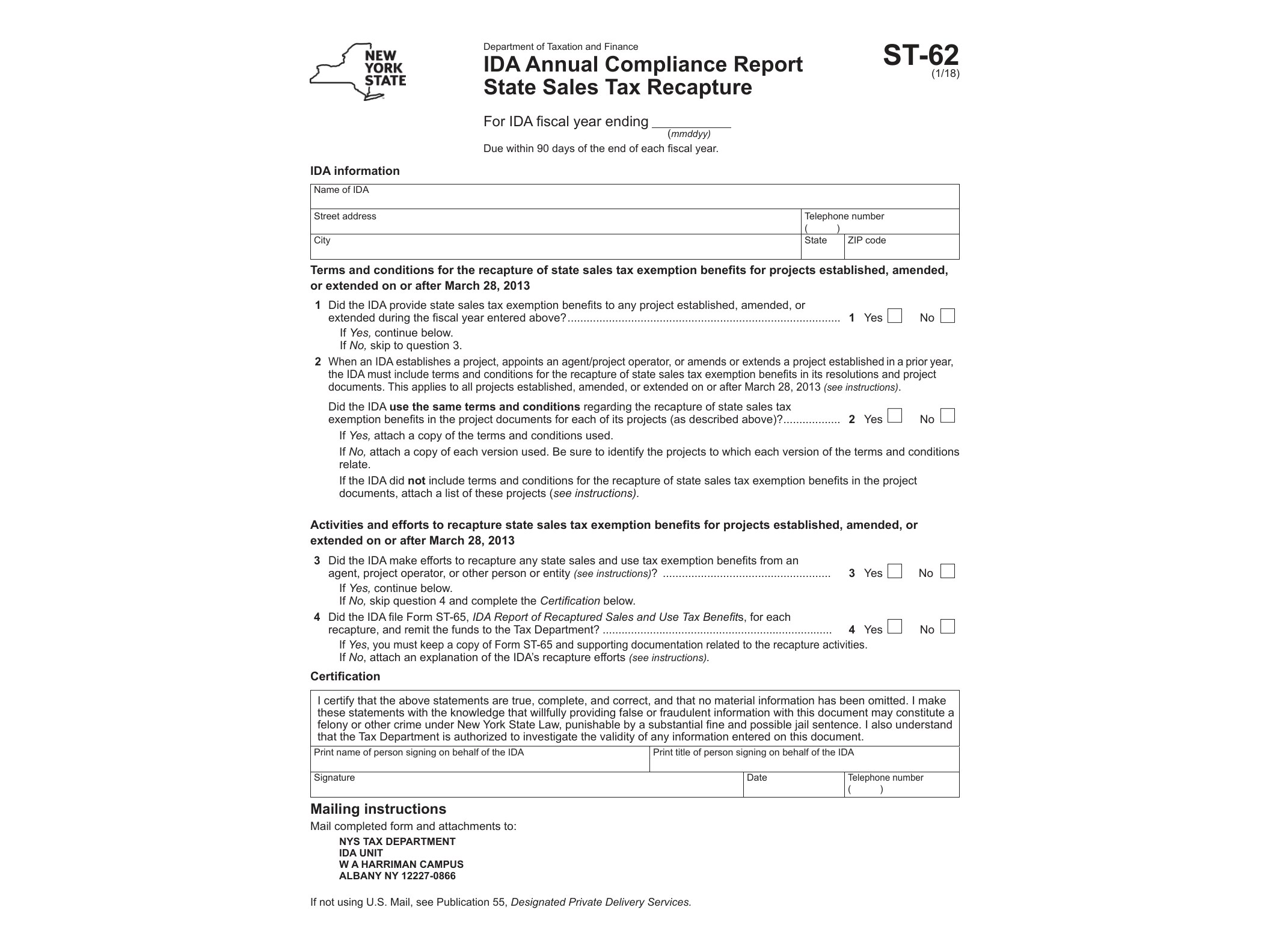 ST62 Form ST-62:1/18:IDA Annual Compliance Report State Sales Tax Recapture:st62 - official form preview, page 1