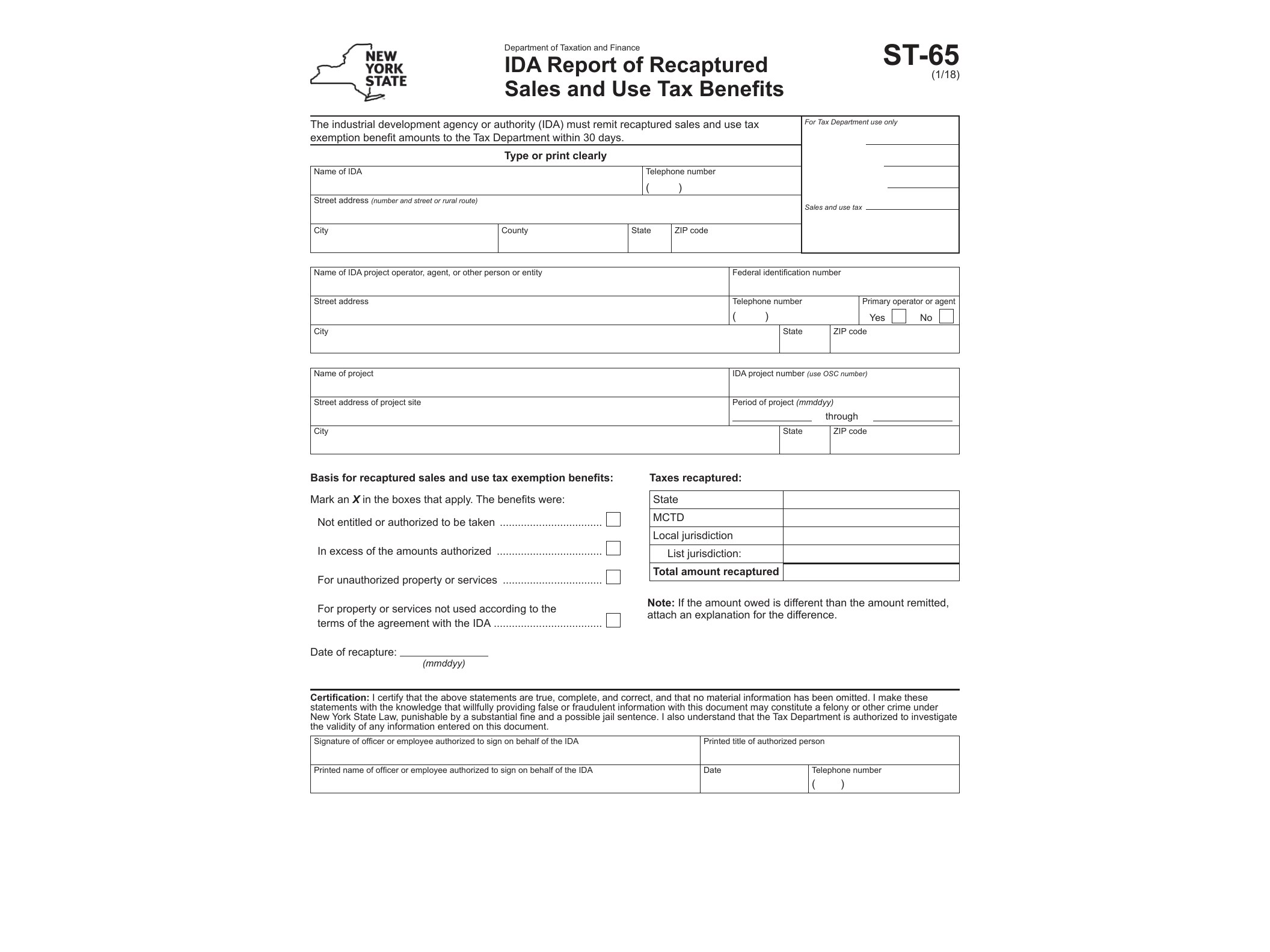 ST65 Form ST-65:1/18:IDA Report of Recaptured Sales and Use Tax Benefits:st65 - official form preview, page 1