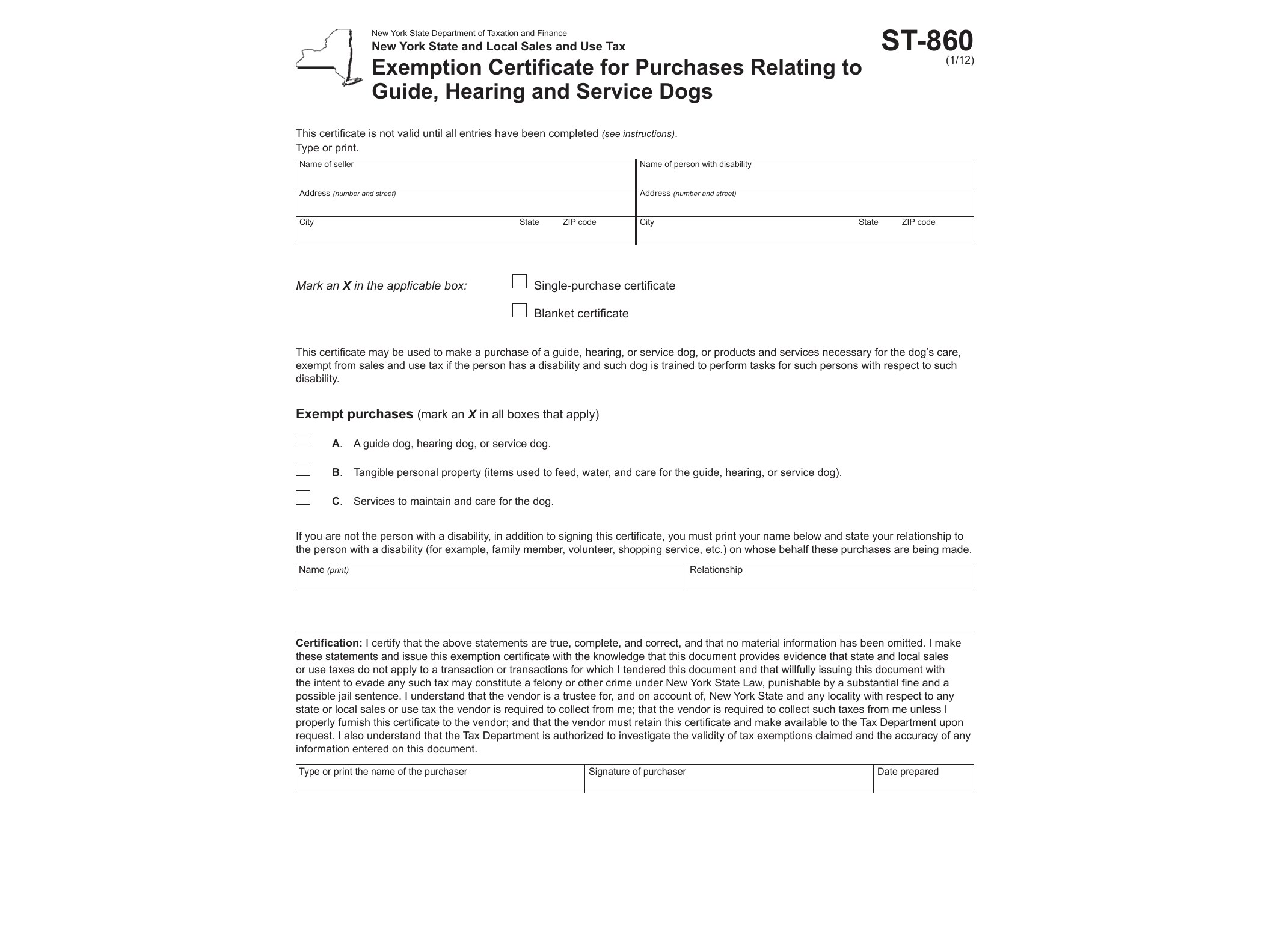ST860 Form ST-860:1/12: Exemption Certificate for Purchases Relating to Guide, Hearing and Service Dogs, st860 - official form preview, page 1