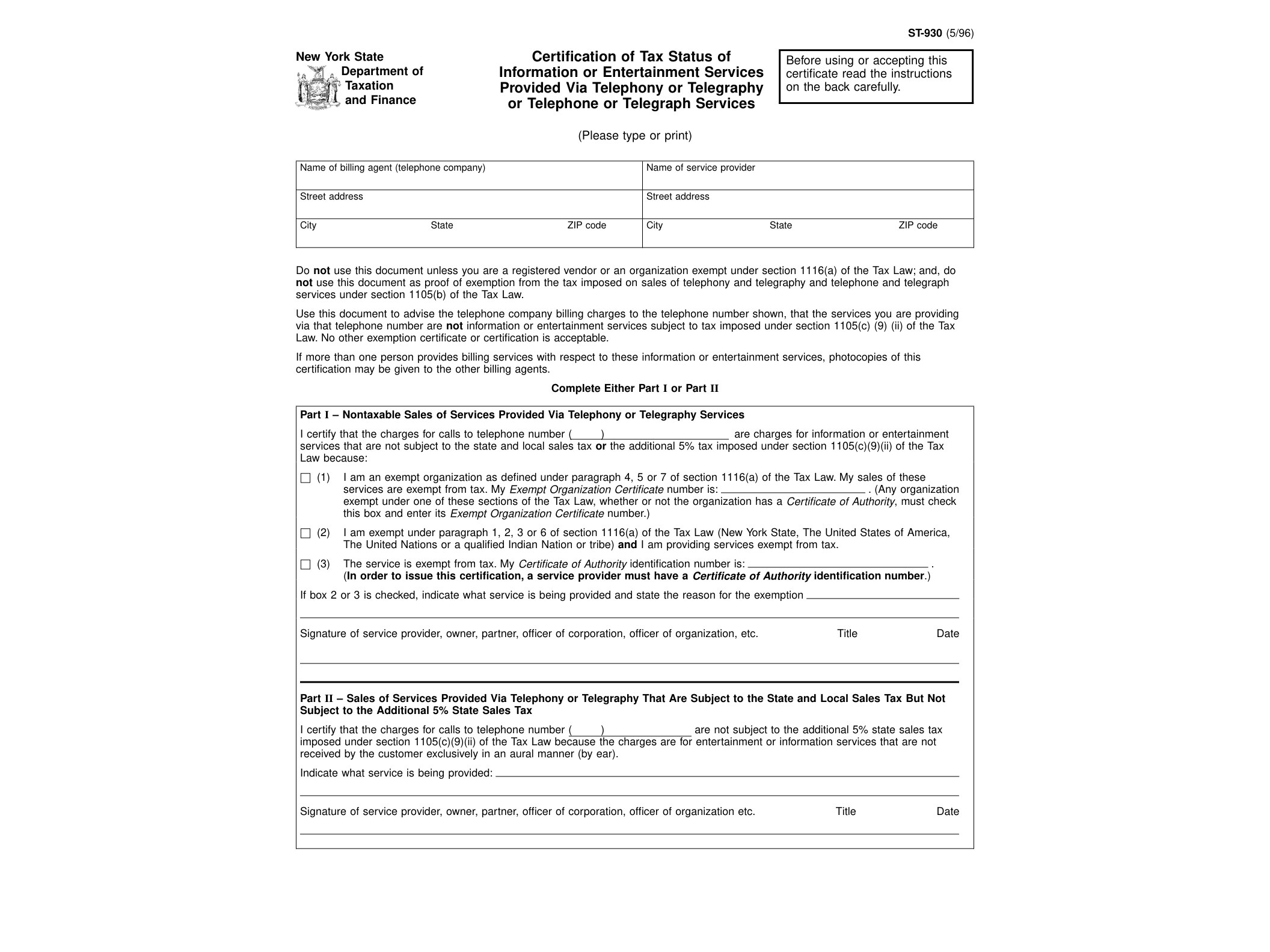 ST930 Form ST-930:5/96: Certification of Tax Status of Information or Entertainment Services Provided Via Telephony or Telegraphy or Telephone or Telegraph Services, st930 - official form preview, page 1