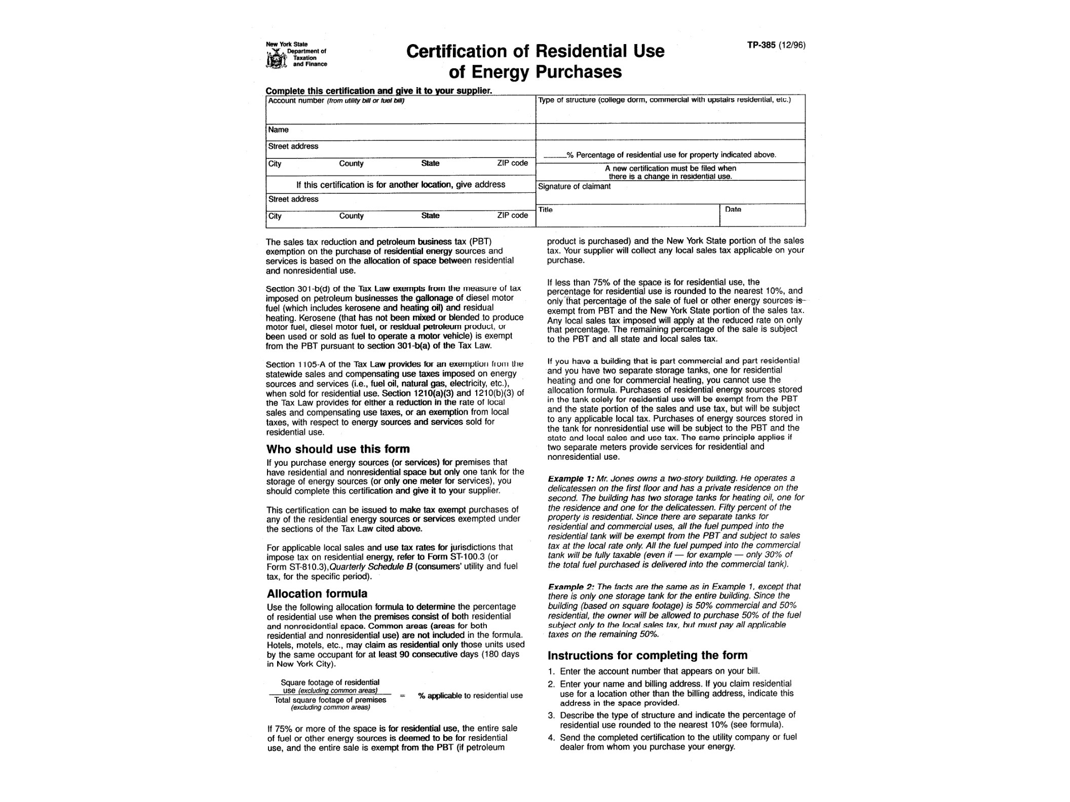 TP385 Form TP-385:12/96: Certification of Residential Use of Energy Purchases, tp385 - official form preview, page 1