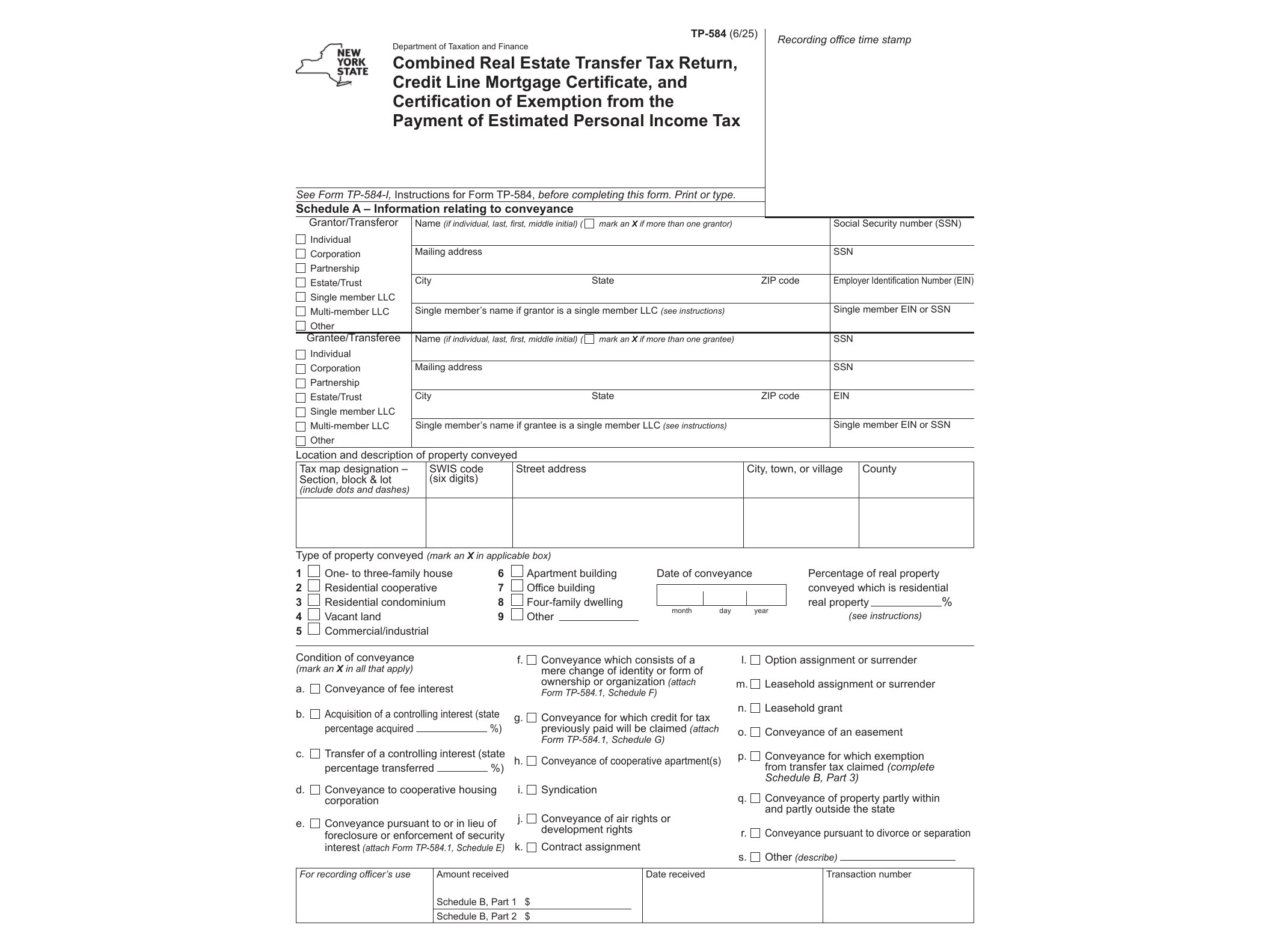 TP584 Form TP-584 Combined Real Estate Transfer Tax Return, Credit Line Mortgage Certificate, and Certification of Exemption from the Payment of Estimated Personal Income Tax Revised 6/25 - official form preview, page 1