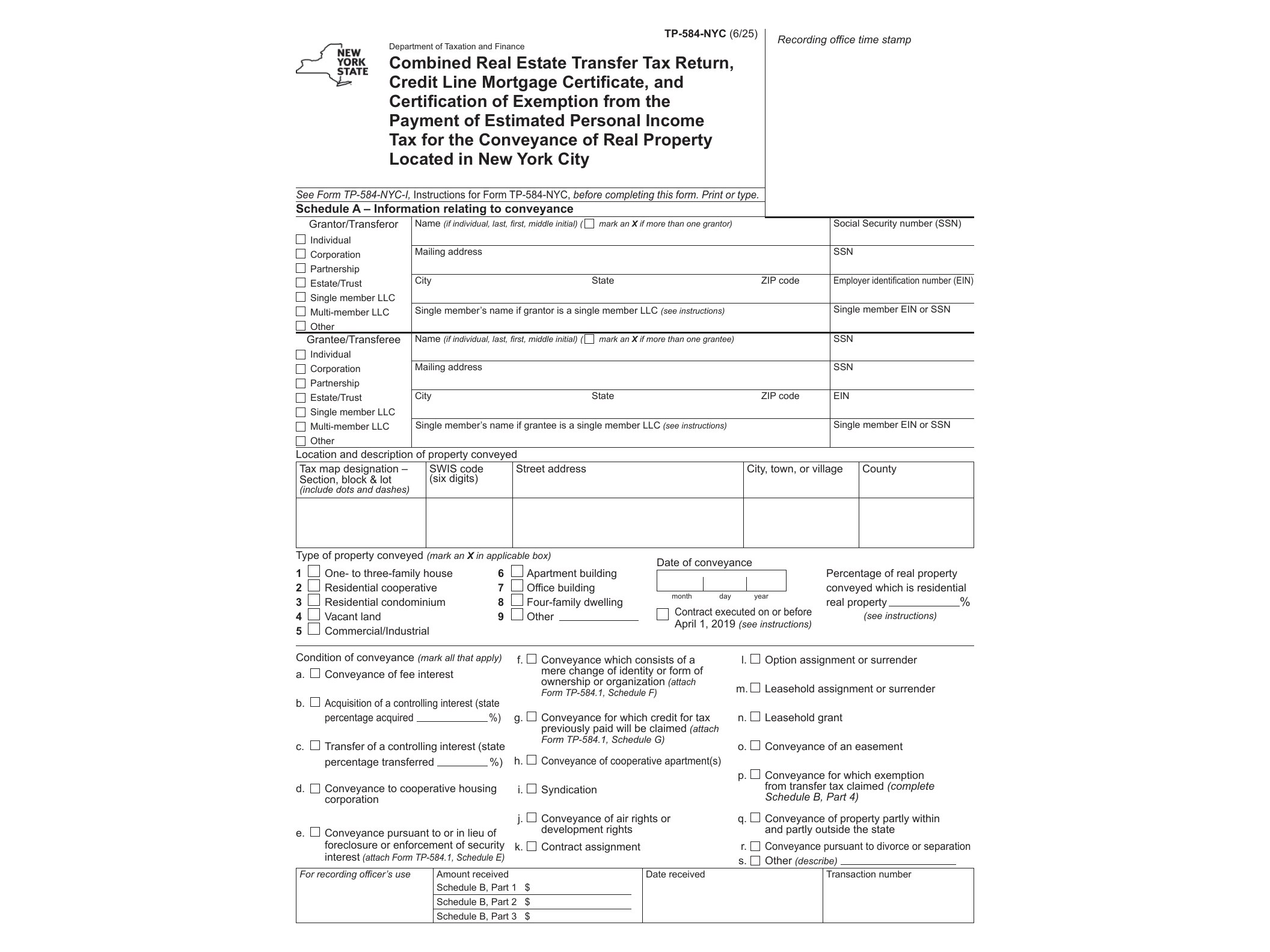 TP584NYC Form TP-584-NYC Combined Real Estate Transfer Tax Return, Credit Line Mortgage Certificate, and Certification of Exemption from the Payment of Estimated Personal Income Tax for the Conveyance of Real Property Located in New York City Revised 6/25 - official form preview, page 1