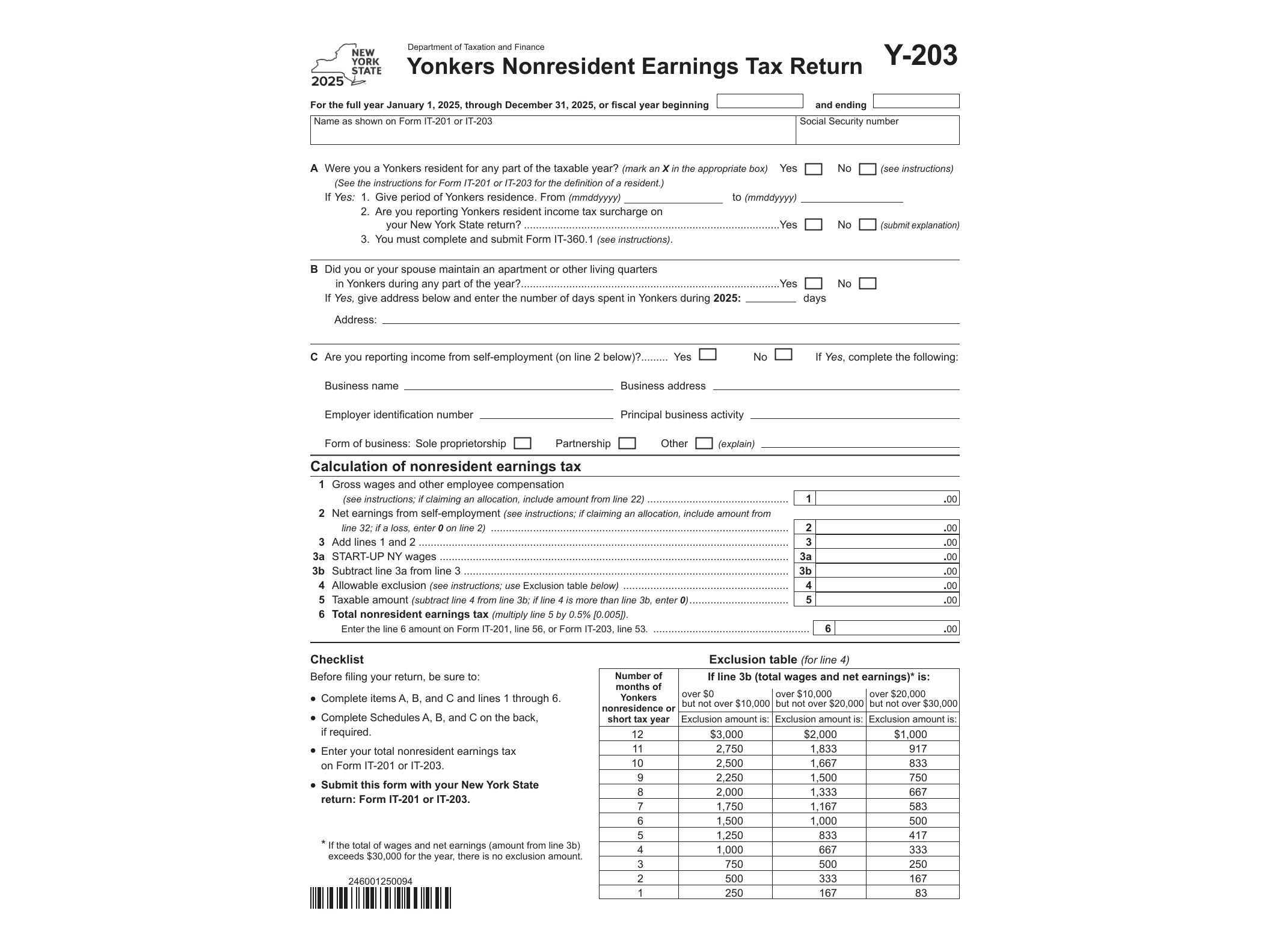 Y203 Form Y-203 Yonkers Nonresident Earnings Tax Return Tax Year 2025 - official form preview, page 1