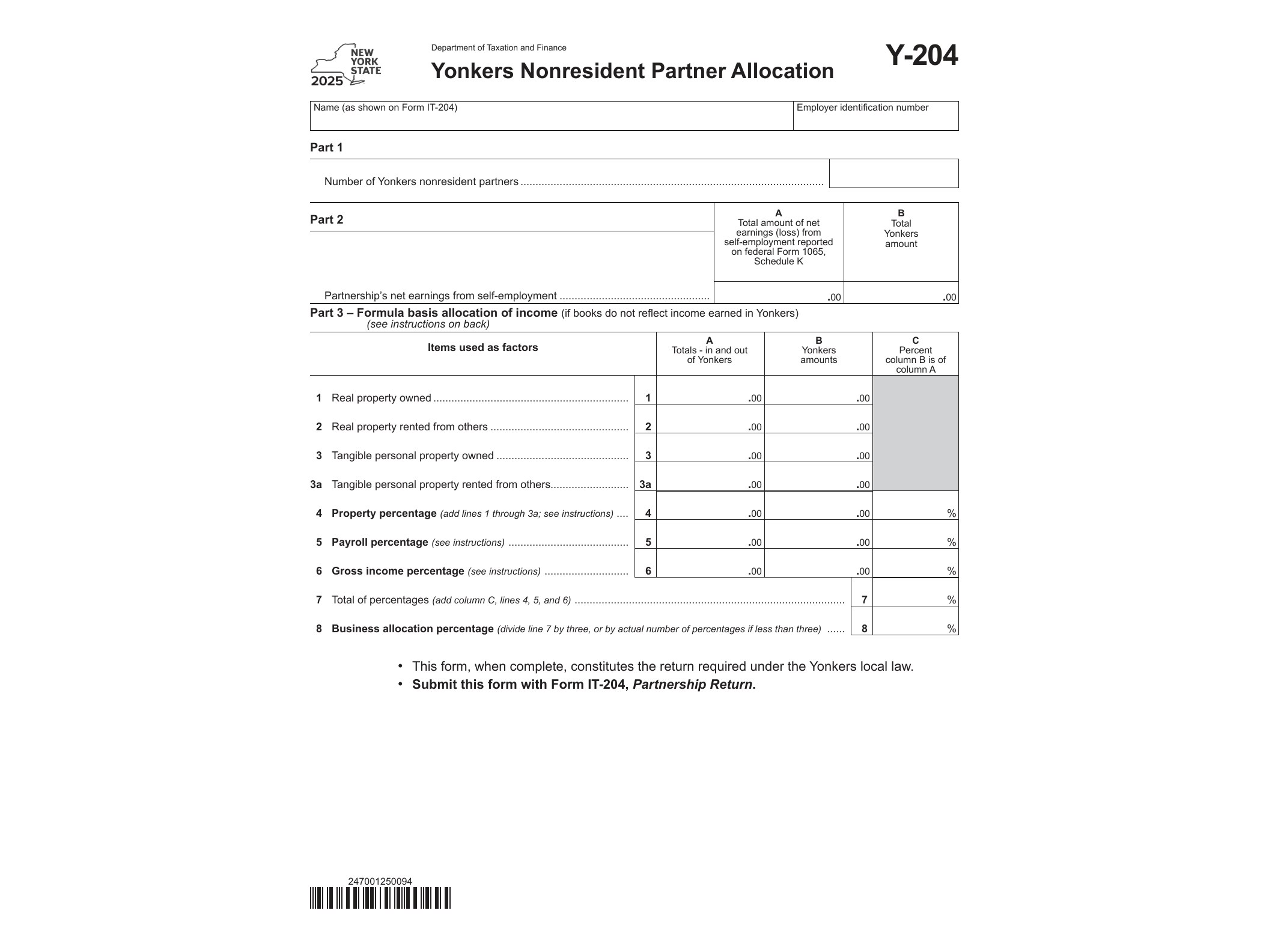 Y204 Form Y-204 Yonkers Nonresident Partner Allocation Tax Year 2025 - official form preview, page 1