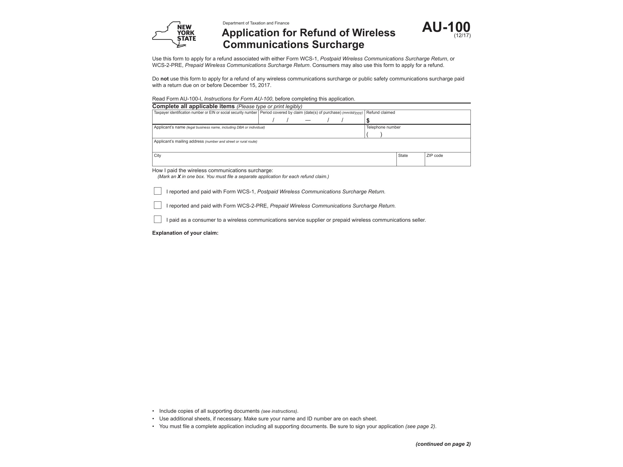 AU100 Form AU-100:12/17:Application for Refund of Wireless Communications Surcharge:au100 - official form preview, page 1
