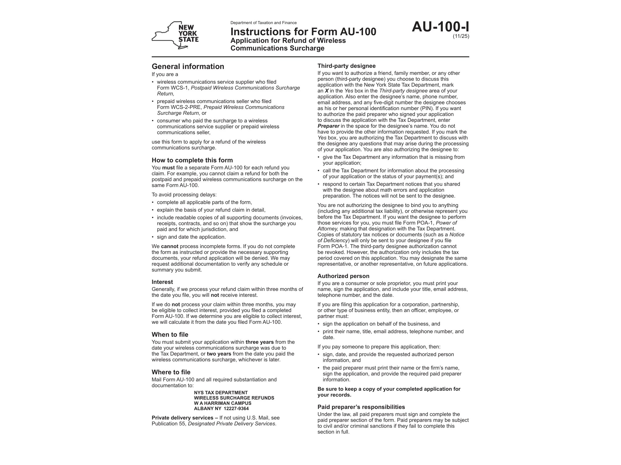 AU100I Form AU-100-I Instructions for Form AU-100 Application for refund of Wireless Communications Surcharge Revised 11/25 - official form preview, page 1