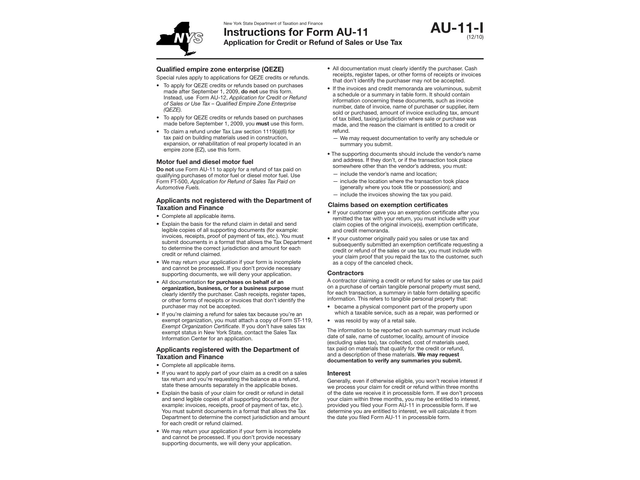 AU11I Form AU-11-I:12/10: Instructions for Form AU-11 Application for Credit or Refund of Sales or Use Tax:au11i - official form preview, page 1