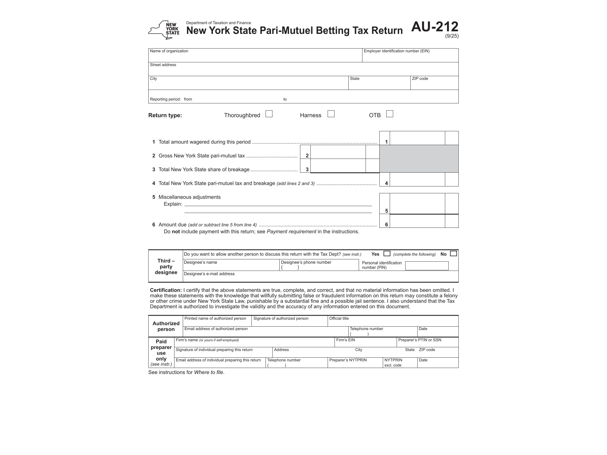 AU212 Form AU-212 New York State Pari-Mutuel Betting Tax Return Revised 9/25 - official form preview, page 1