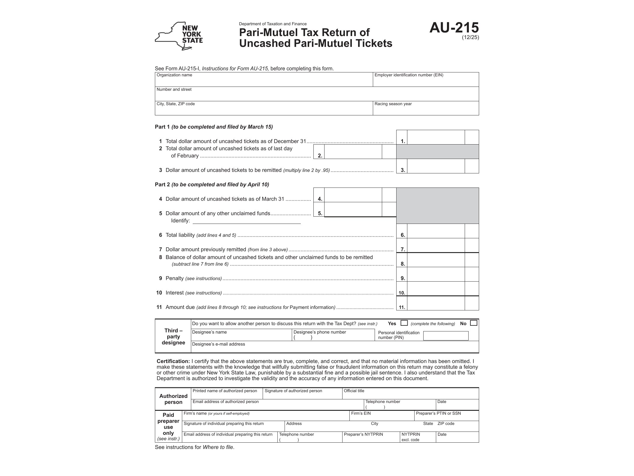 AU215 Form AU-215 Pari-Mutuel Tax Return of Uncashed Pari-Mutuel Tickets Revised 12/25 - official form preview, page 1