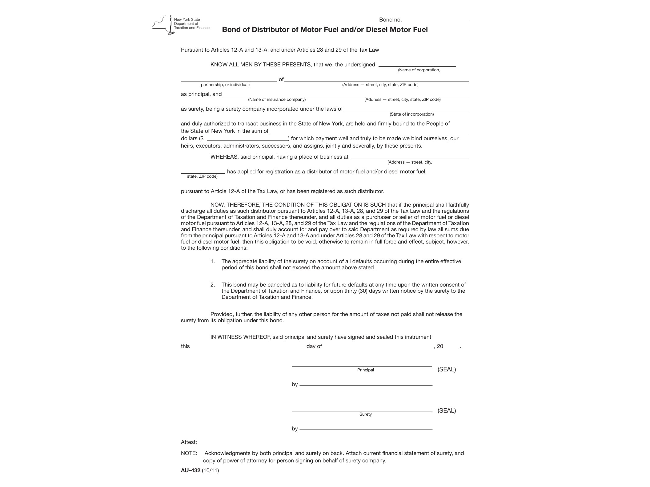 AU432 Form AU-432:10/11: Bond of Distributor of Motor Fuel and/or Diesel Motor Fuel, au432 - official form preview, page 1