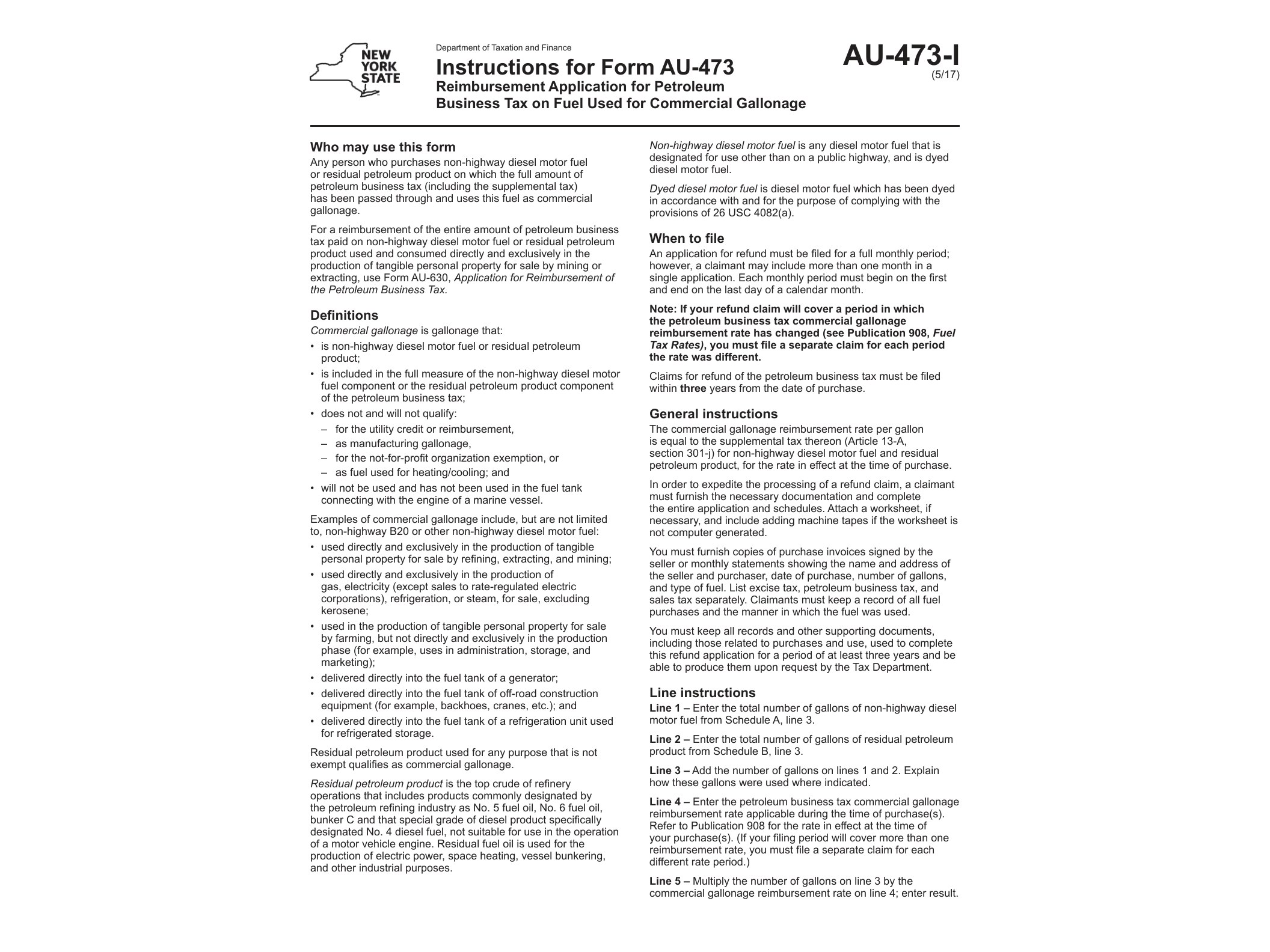 AU473I Form AU-473-I:5/17: Instructions for Form AU-473 Reimbursement Application for Petroleum Business Tax on Fuel Used for Commercial Gallonage:au473i - official form preview, page 1