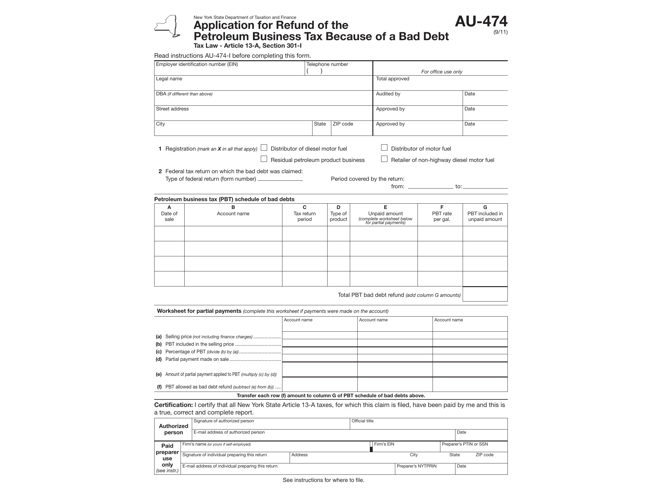 AU474 Form AU-474:9/11: Application for Refund of the Petroleum Business Tax Because of a Bad Debt, au474 - official form preview, page 1